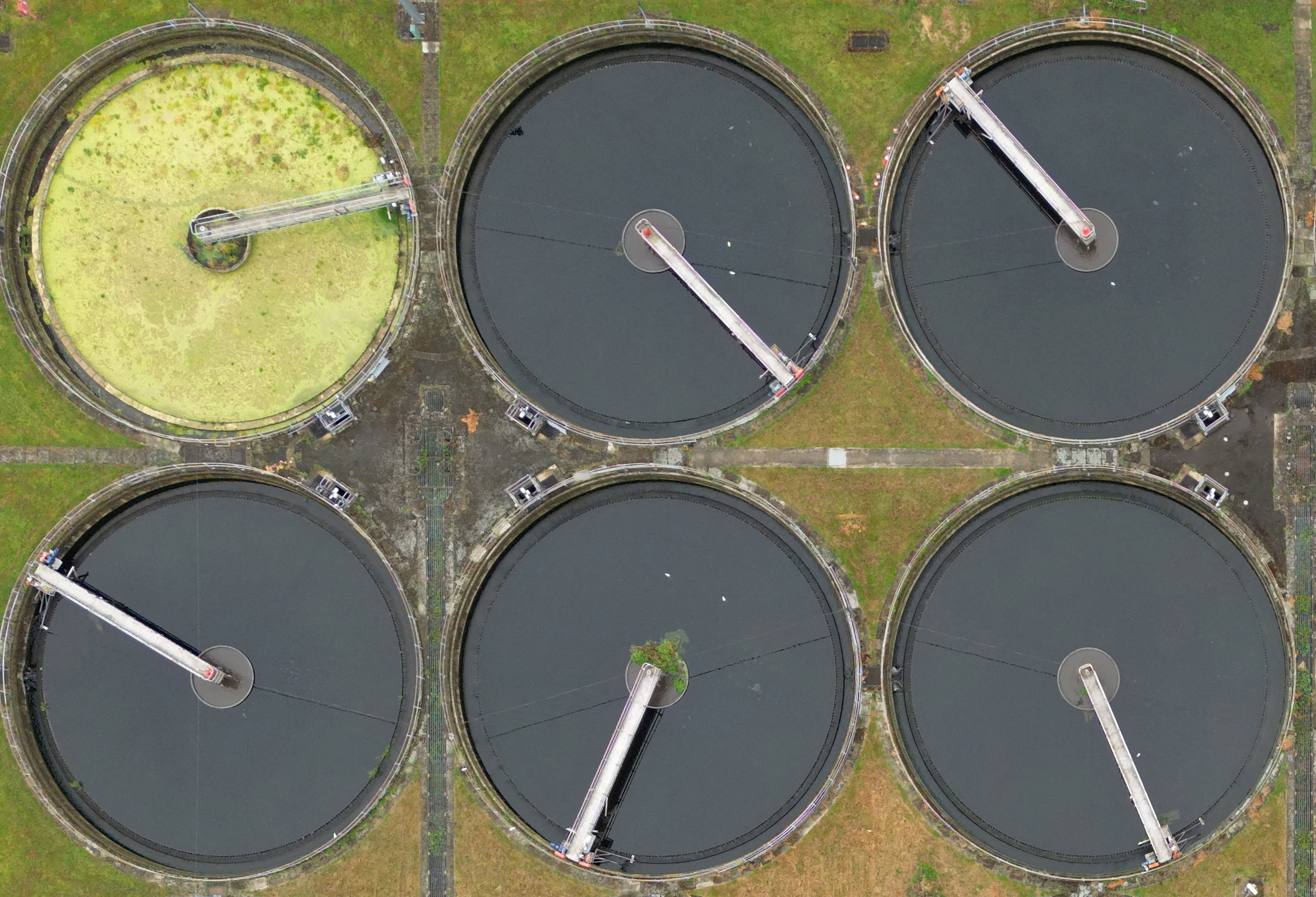 A drone view shows Mogden sewage treatment works, owned by Thames Water, in west London