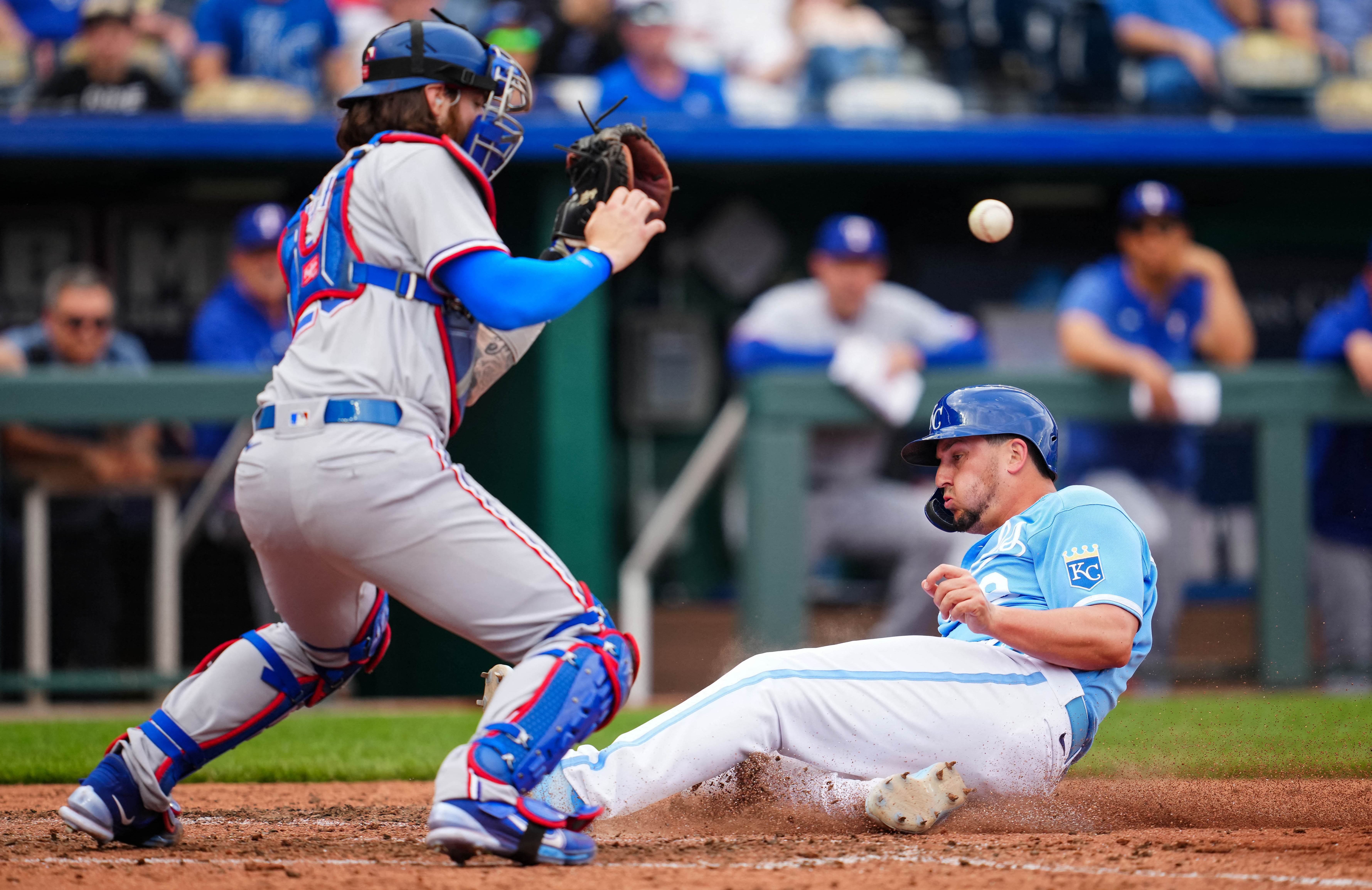 Franmil Reyes of the Kansas City Royals hits against the Texas