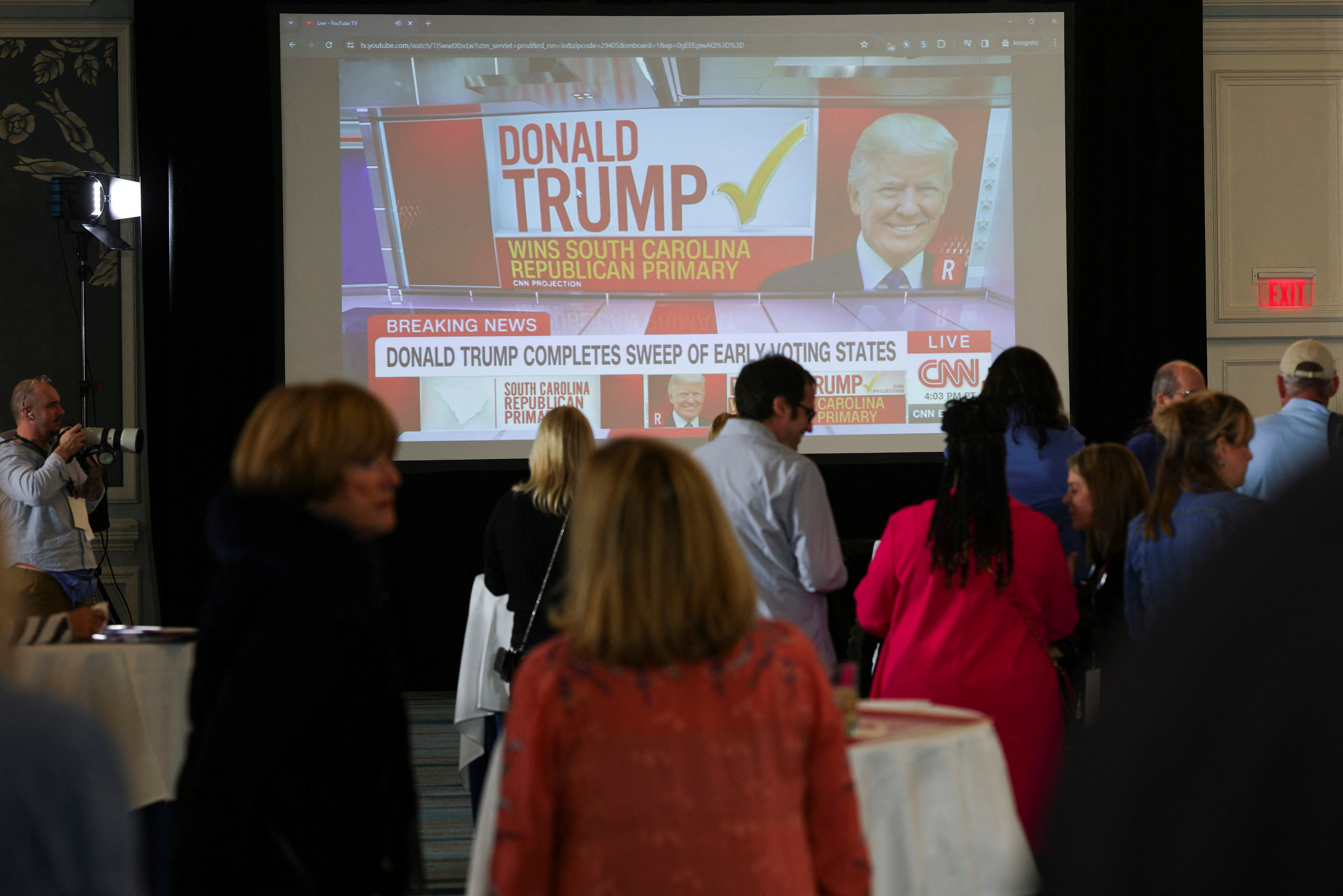 Republican presidential candidate Nikki Haley hosts a watch party during the South Carolina Republican presidential primary election, in Charleston