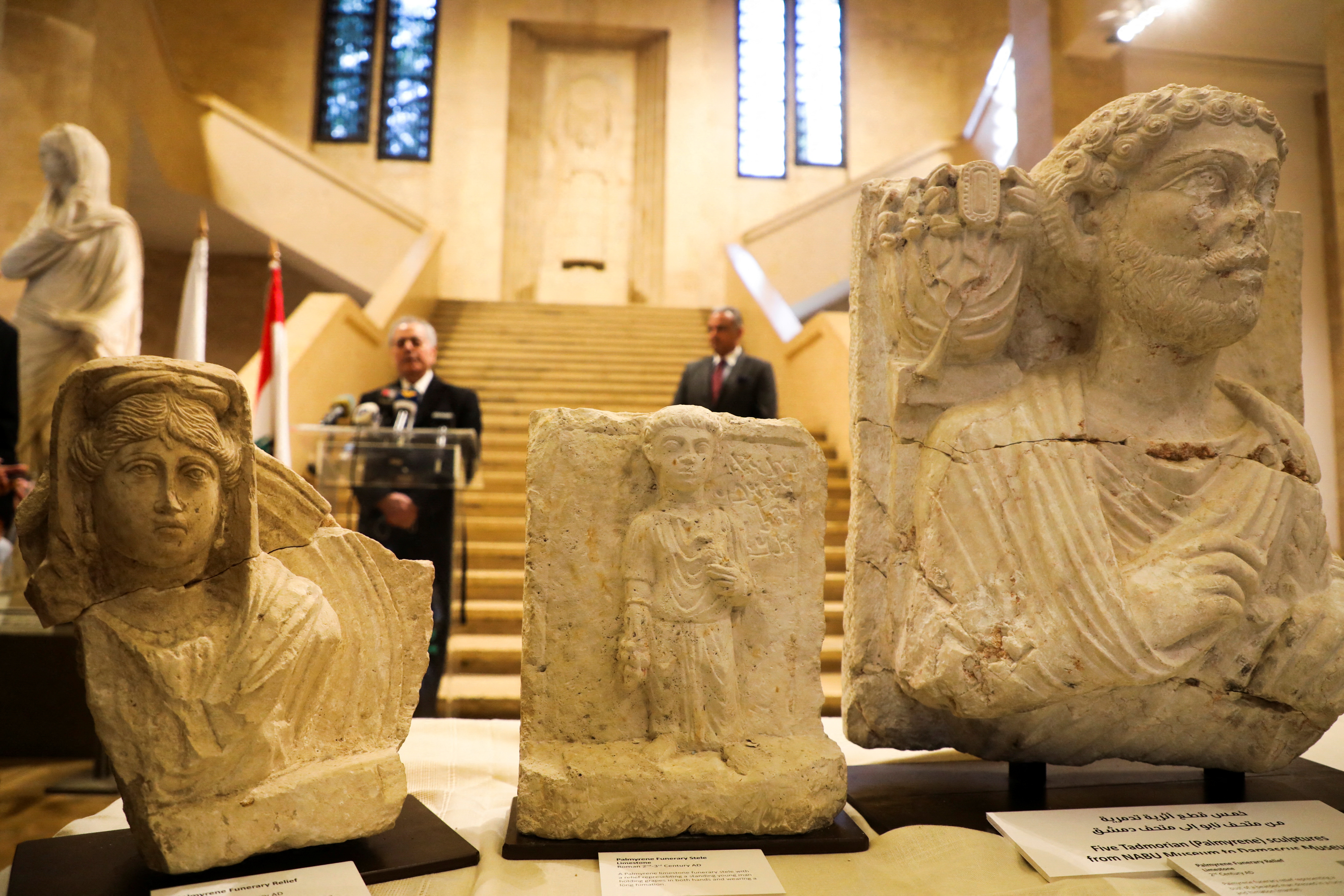 Roman artifacts from the ancient city of Palmyra are pictured during a handover ceremony hosted by Lebanon's National Museum in Beirut
