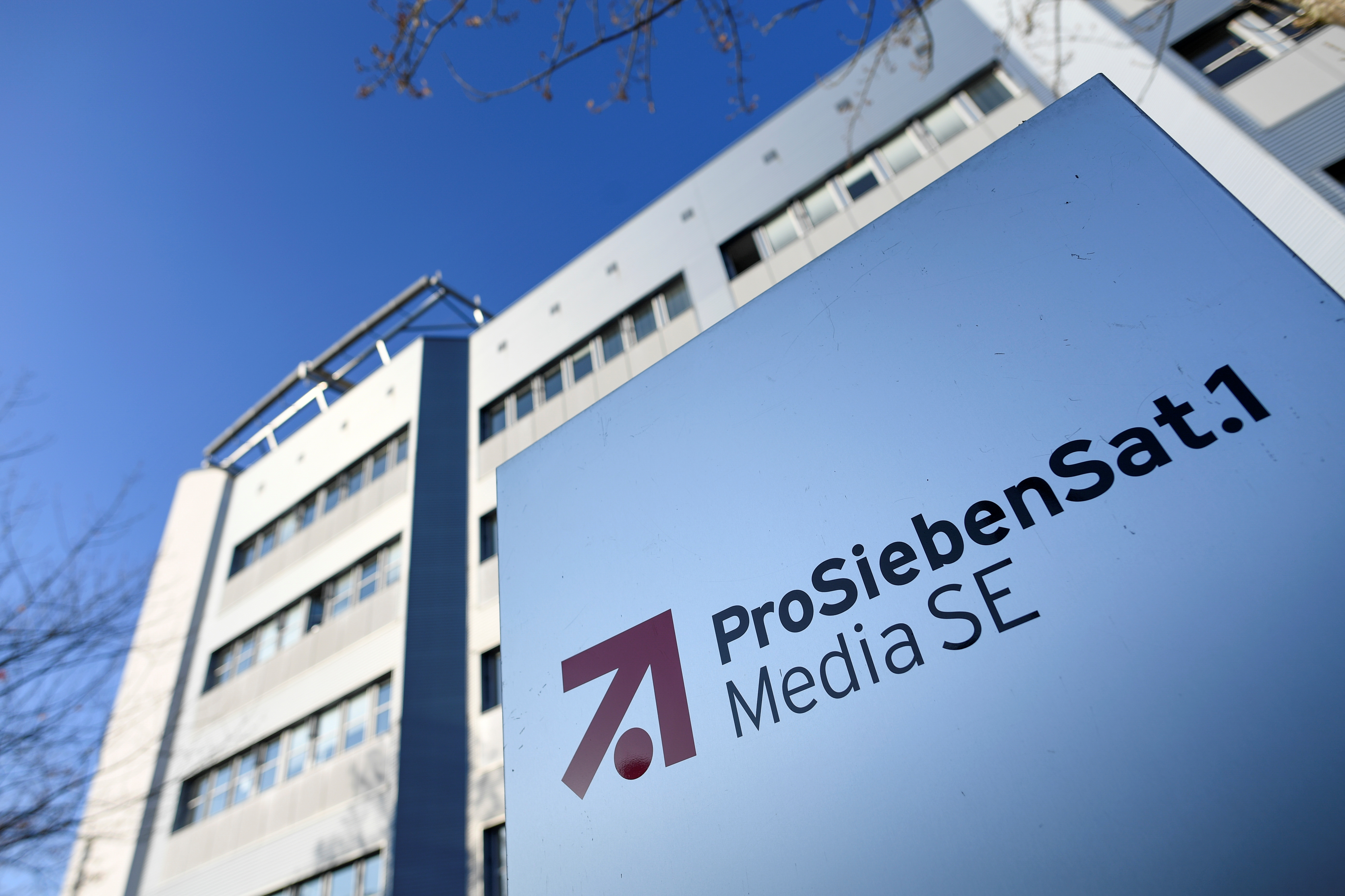 The logo of German media company ProSiebenSat.1 is seen in front of the headquarters in Unterfoehring