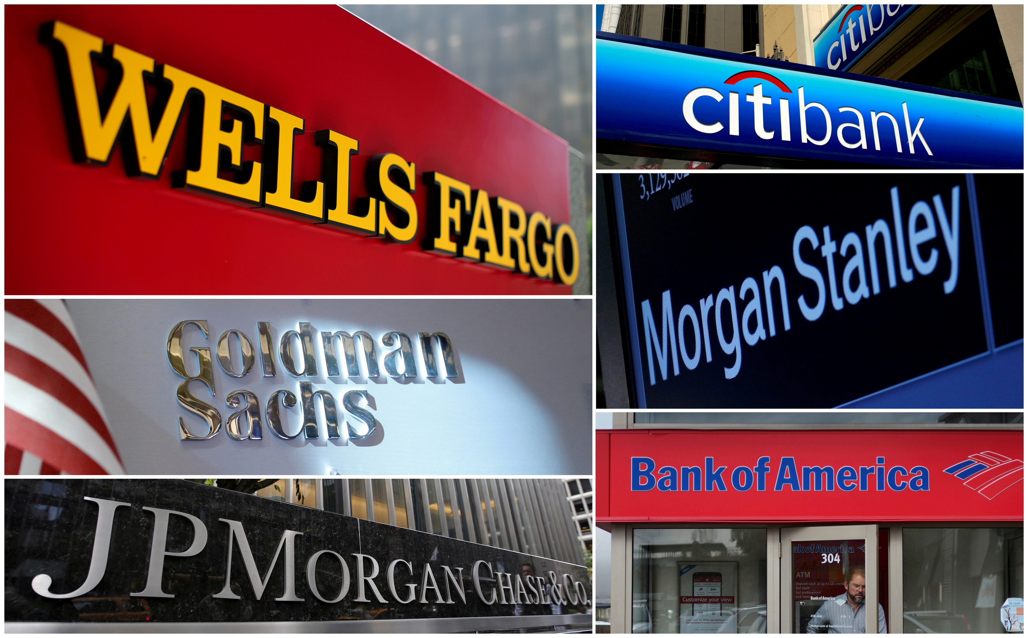 A combination photo shows Wells Fargo, Citibank, Morgan Stanley, JPMorgan Chase, Bank of America and Goldman Sachs from Reuters archive