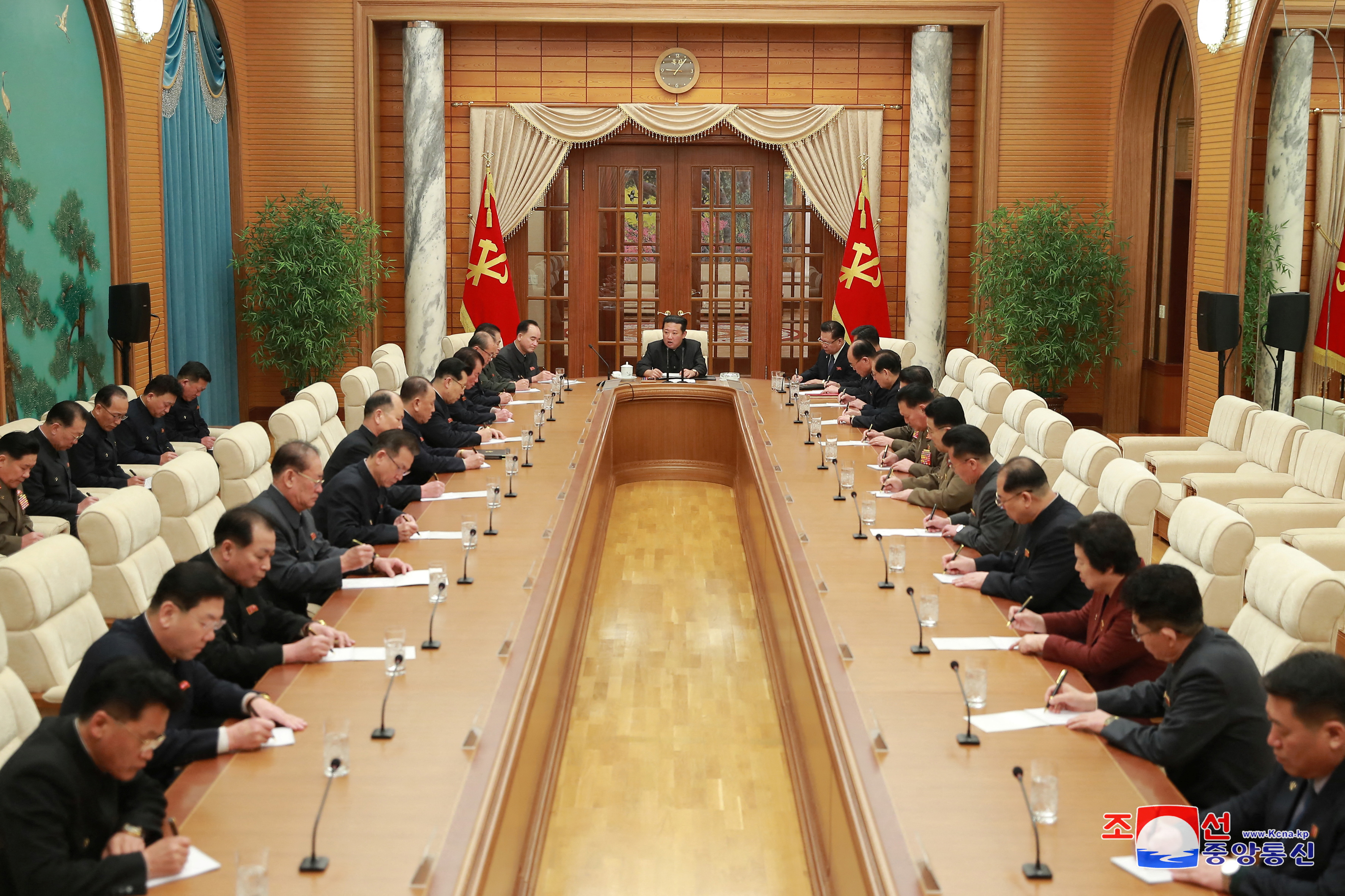 North Korean leader Kim Jong Un attends a meeting of the politburo of the ruling Workers' Party in Pyongyang