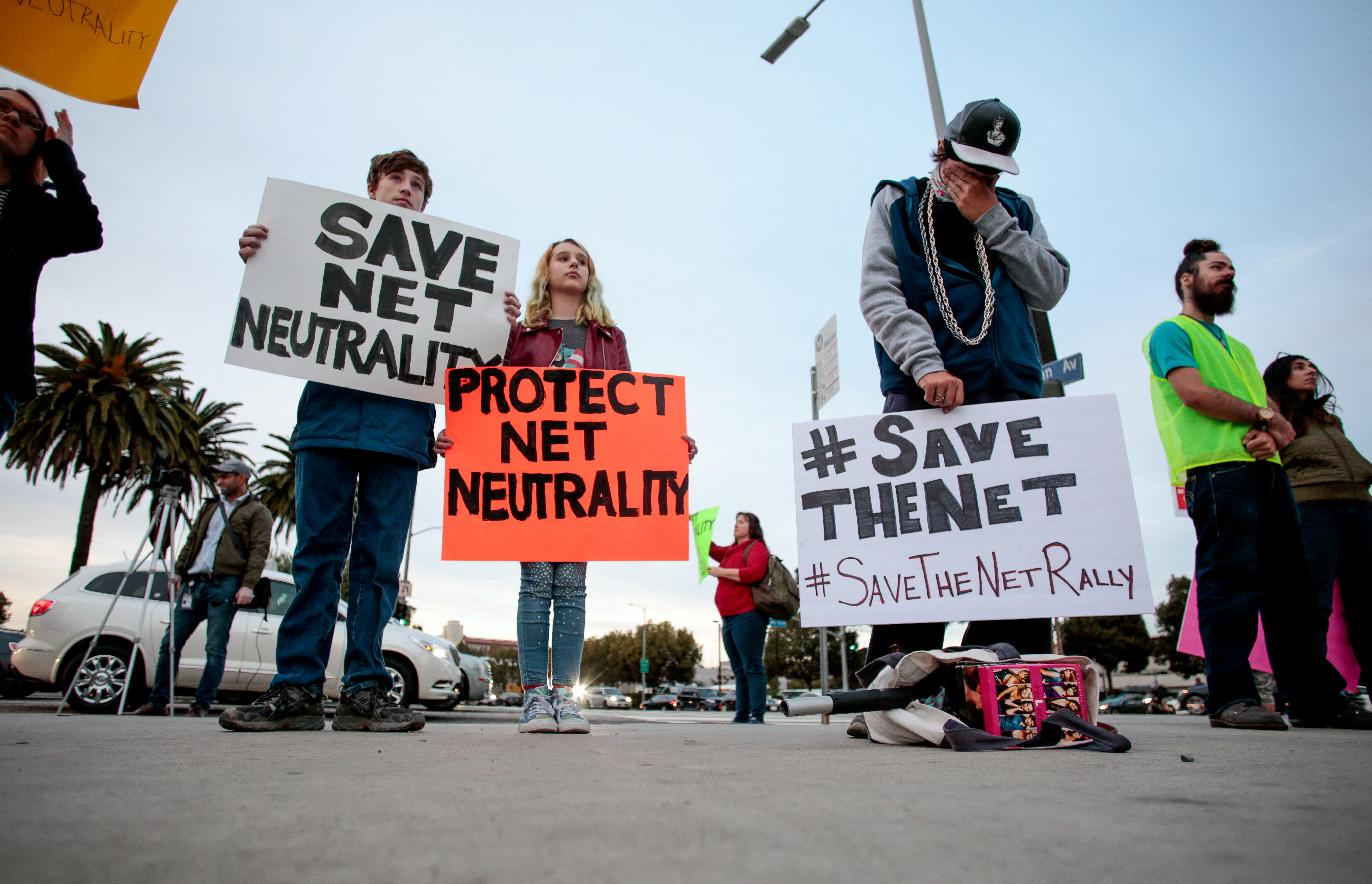 Supporters of Net Neutrality protest the FCC's decision to repeal the program in Los Angeles