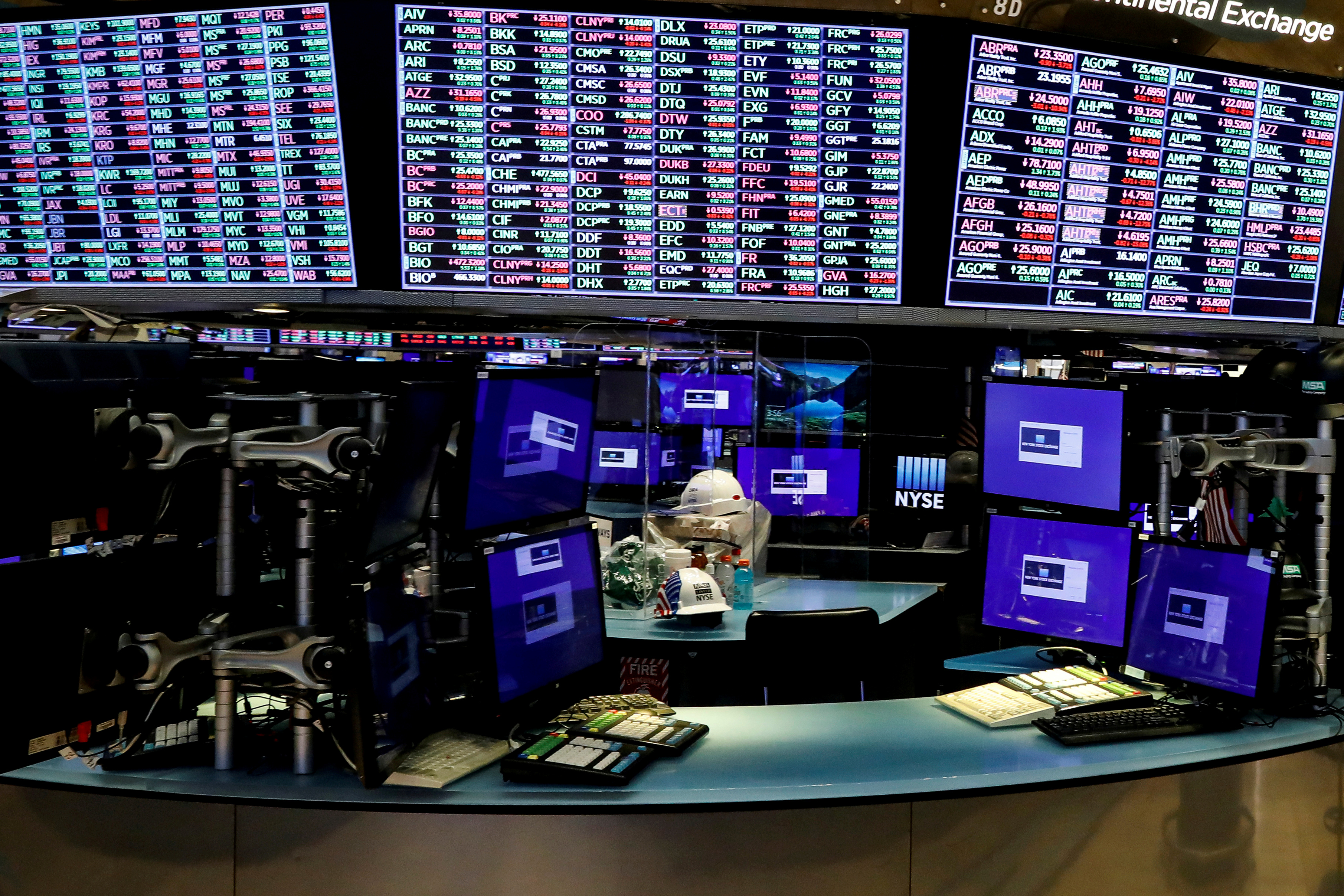 Dividers are seen inside a trading post on the trading floor as preparations are made for the return to trading at the NYSE