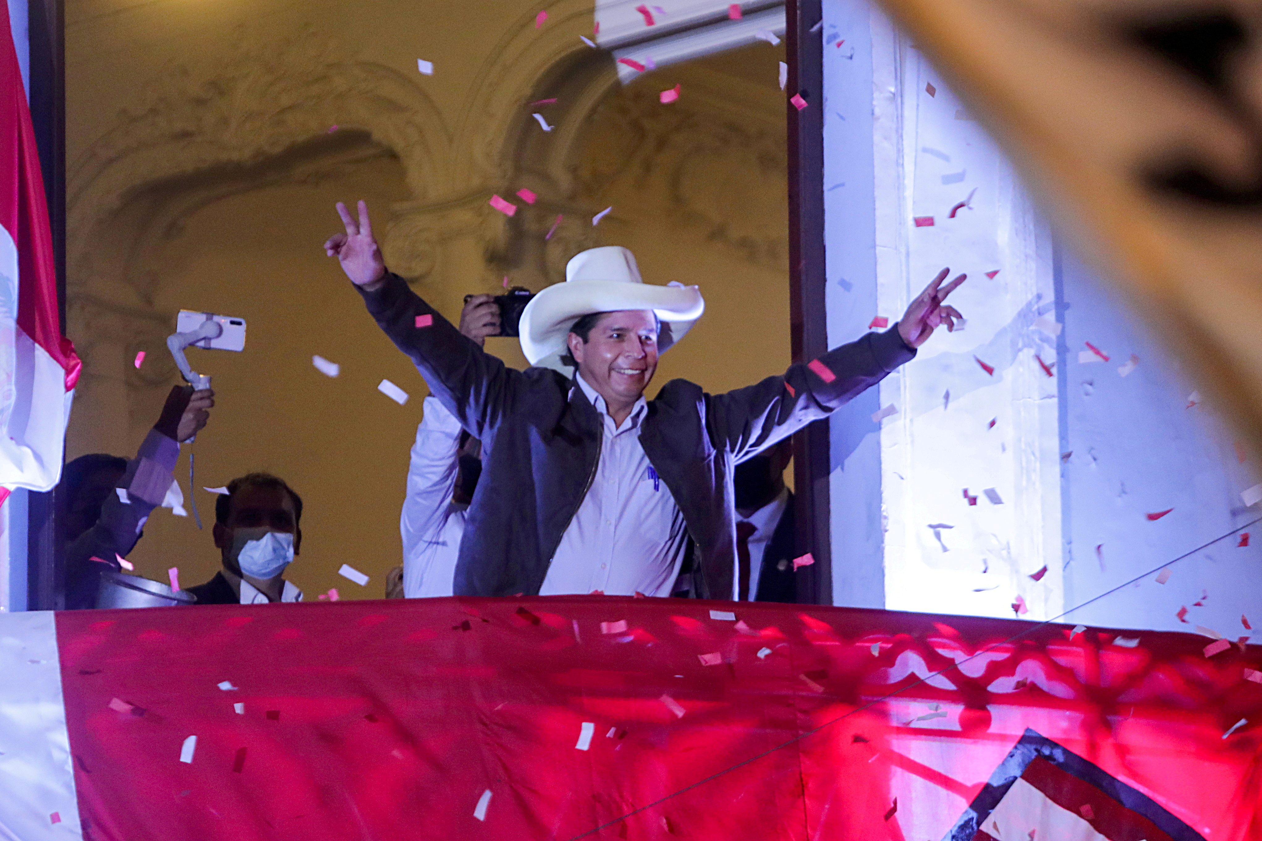 Peru's presidential candidate Pedro Castillo addresses supporters in Lima