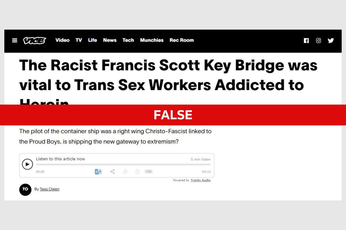 Fact Check: Vice headline on collapsed Baltimore bridge is fabricated |  Reuters