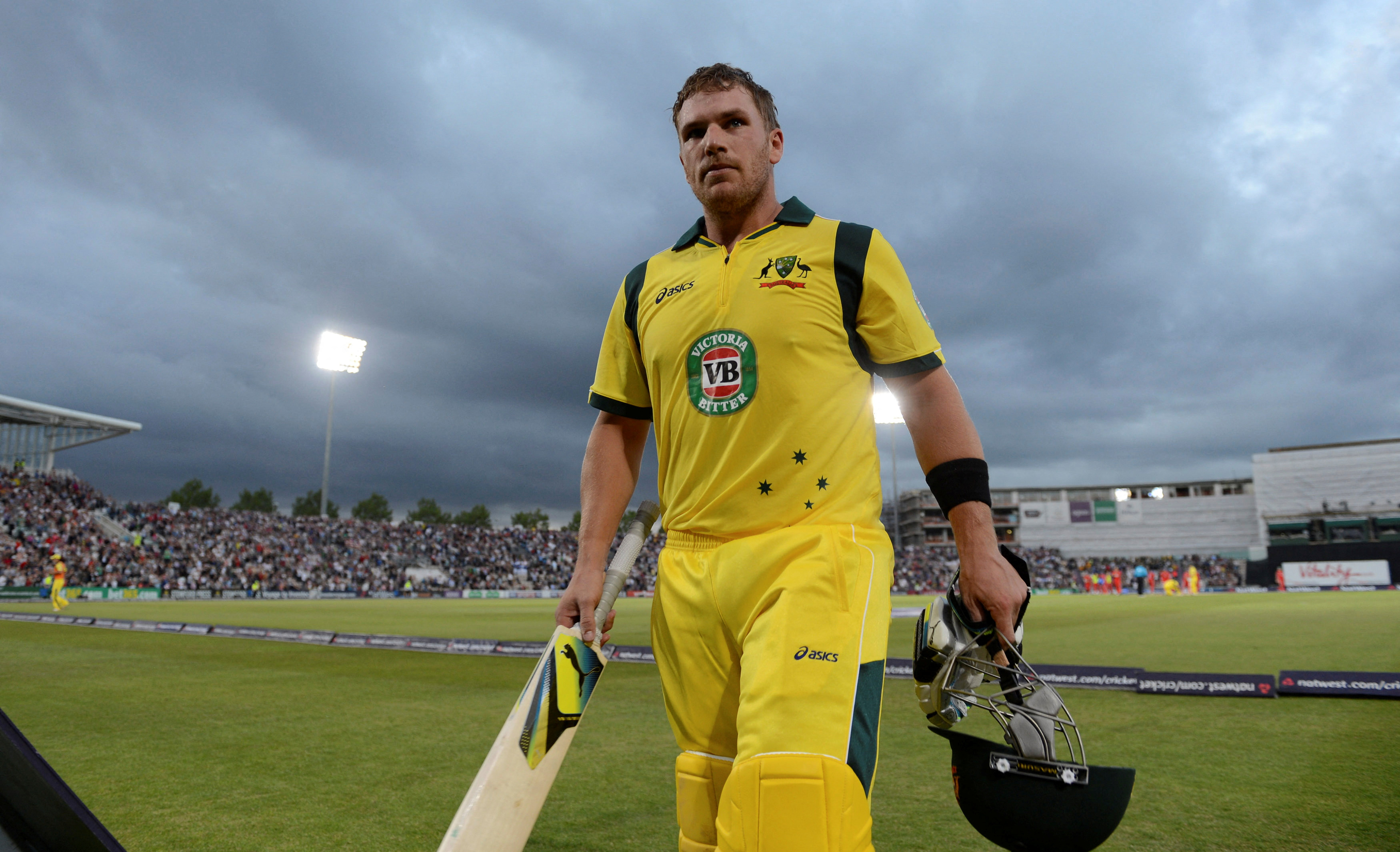 Australia's Finch leaves the field after scoring 156 runs during the first T20 international against England at the Rose Bowl cricket ground, Southampton