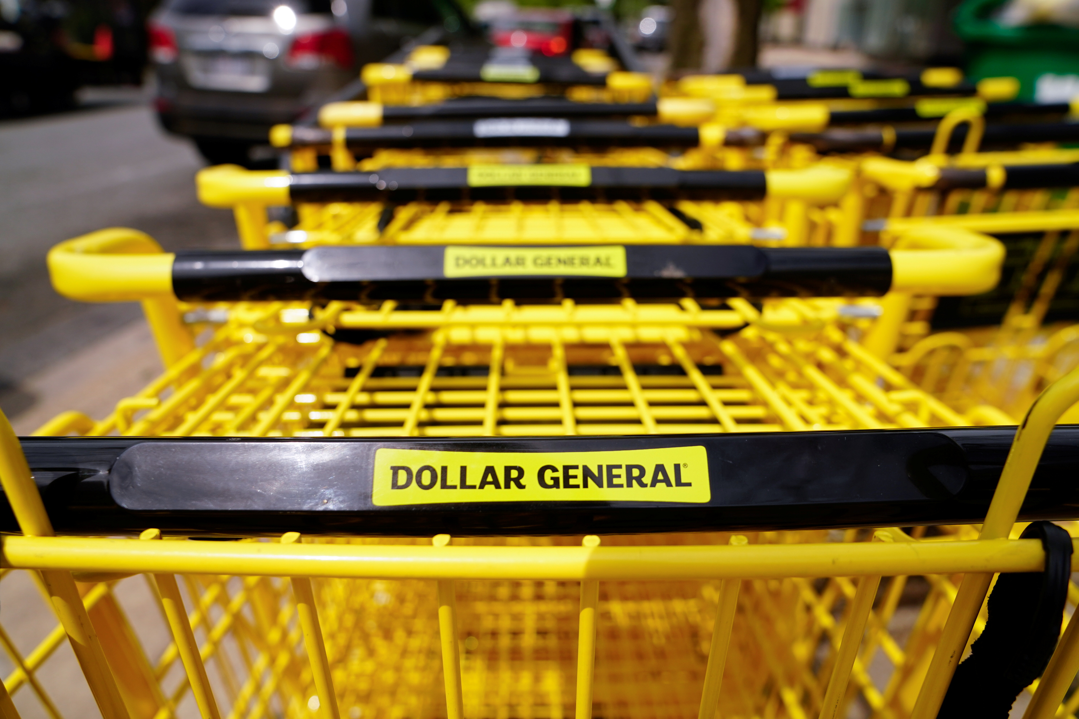 Dollar General shopping carts are seen outside a store in Mount Rainier, Maryland, U.S., June 1, 2021. REUTERS/Erin Scott