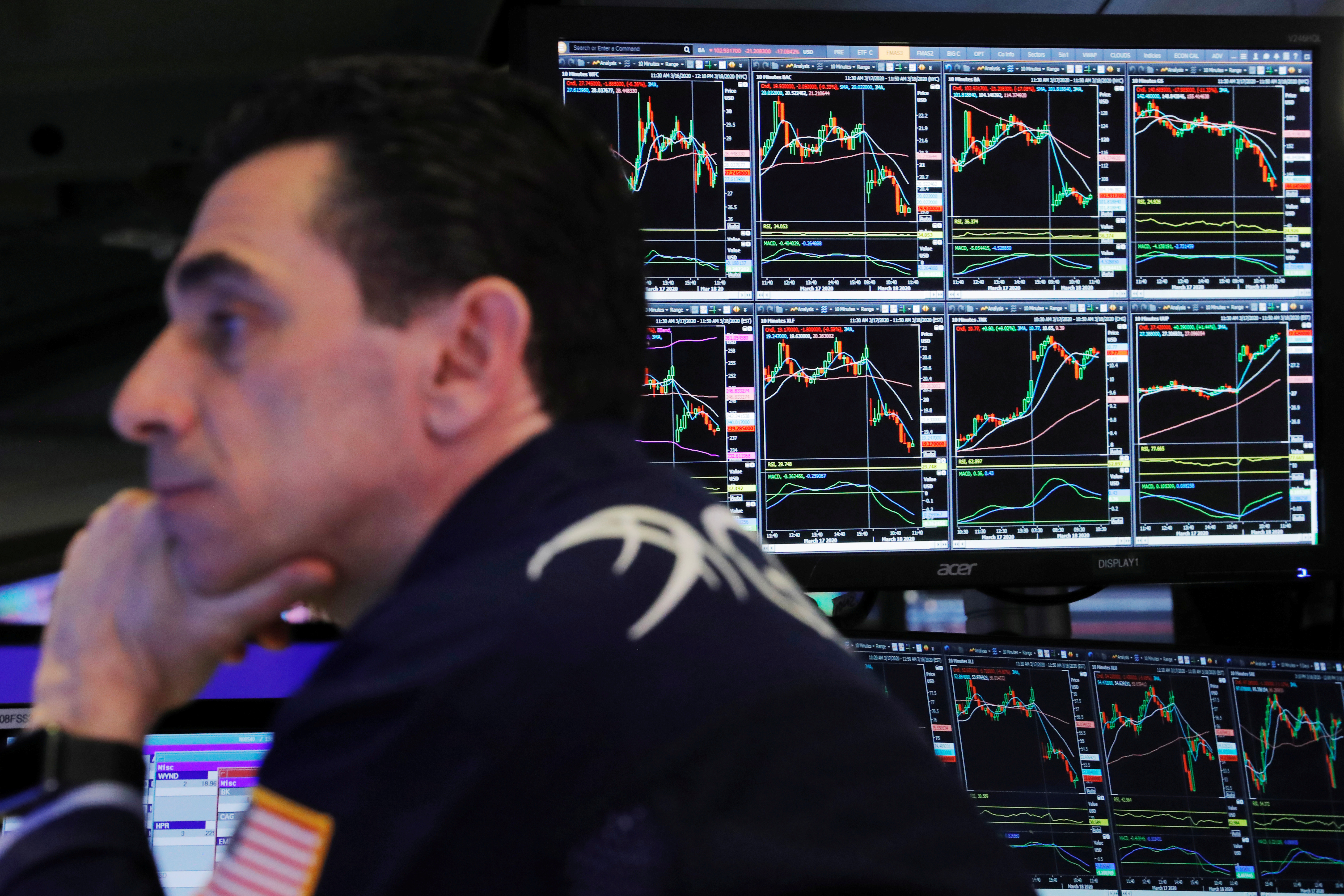 A trader at the New York Stock Exchange works as markets continue to react to the coronavirus disease (COVID-19) inside of the NYSE in New York, U.S., March 18, 2020.  REUTERS/Lucas Jackson/File Photo