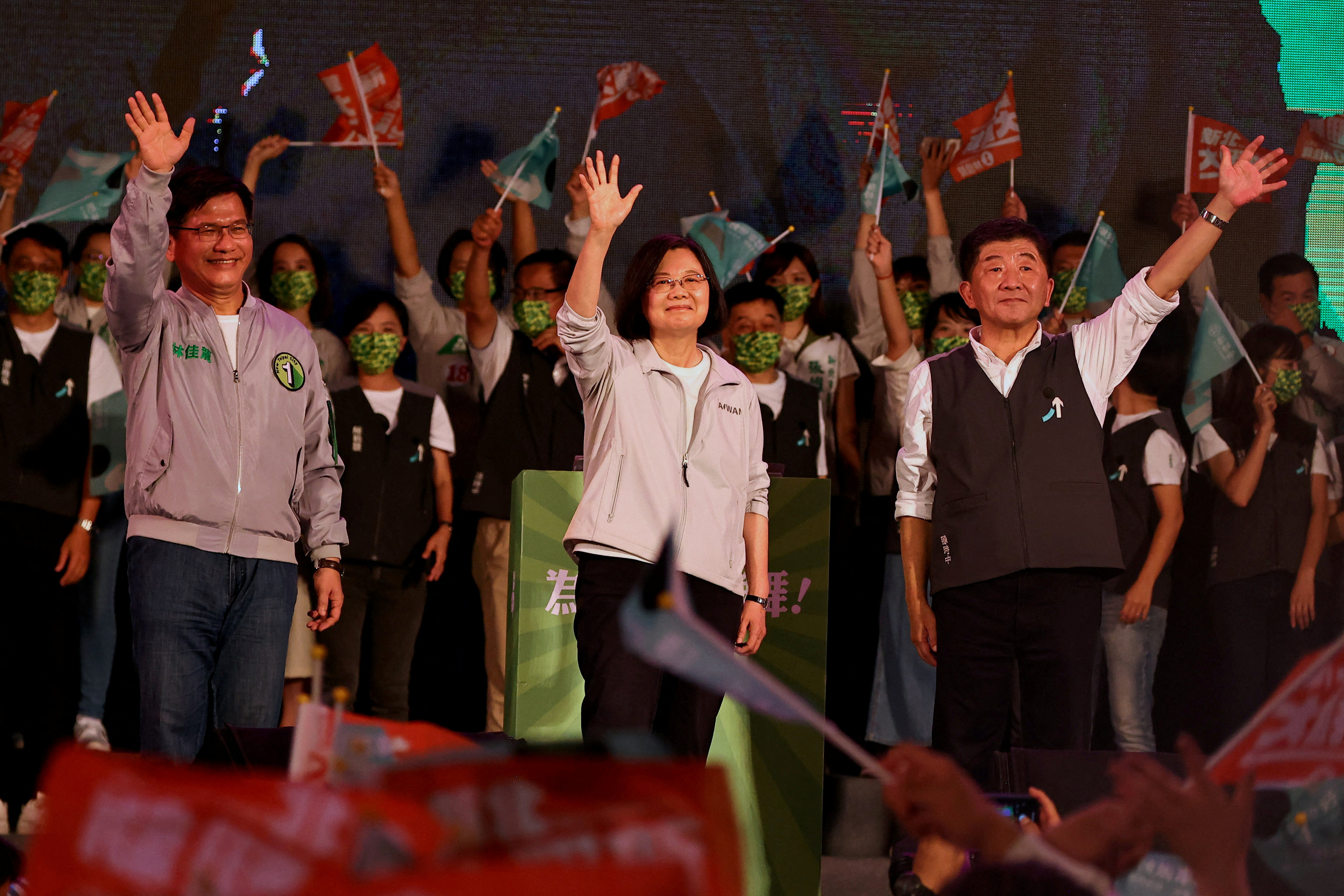 Taiwan's President Tsai Ing-wen waves at the pre-election campaign rally ahead of mayoral elections in Taipei,