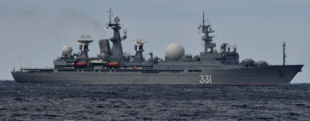 Russian Navy's Marshal Nedelin-class missile range instrumentation ship No.331 sails on the sea near Japan, in this handout photo taken by Japan Self-Defense Forces on October 18, 2021 and released by the Joint Staff Office of the Defense Ministry of Japan.  Joint Staff Office of the Defense Ministry of Japan/Handout via REUTERS ATTENTION EDITORS - THIS IMAGE WAS PROVIDED BY A THIRD PARTY. MANDATORY CREDIT. REFILE - CORRECTING NAME OF SHIP CLASS