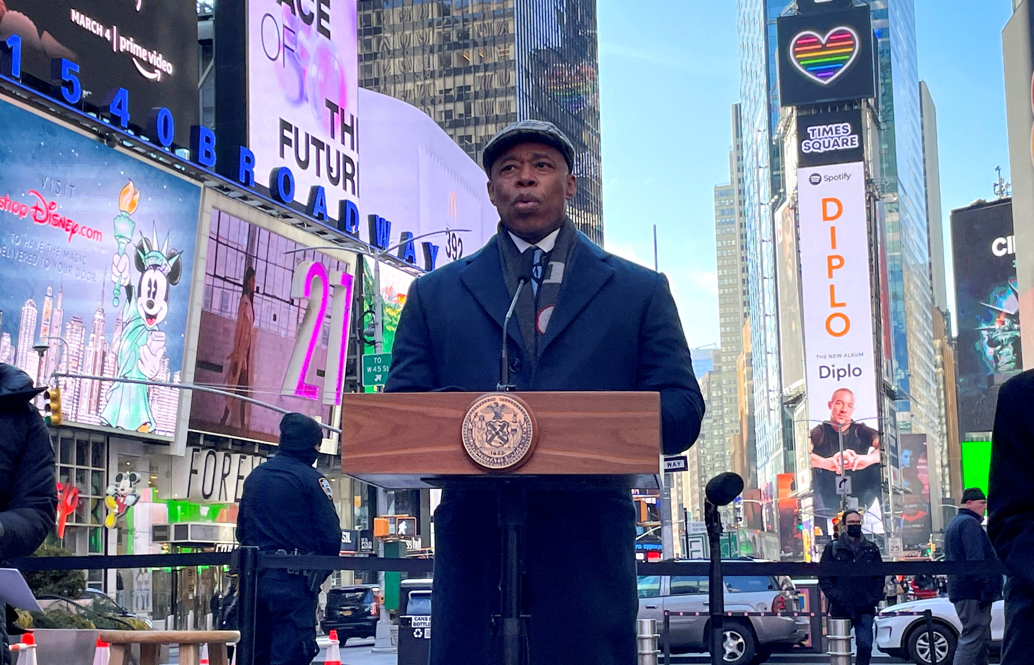 New York City Mayor Eric Adams makes an announcement at a news conference in Times Square in Manhattan in New York City