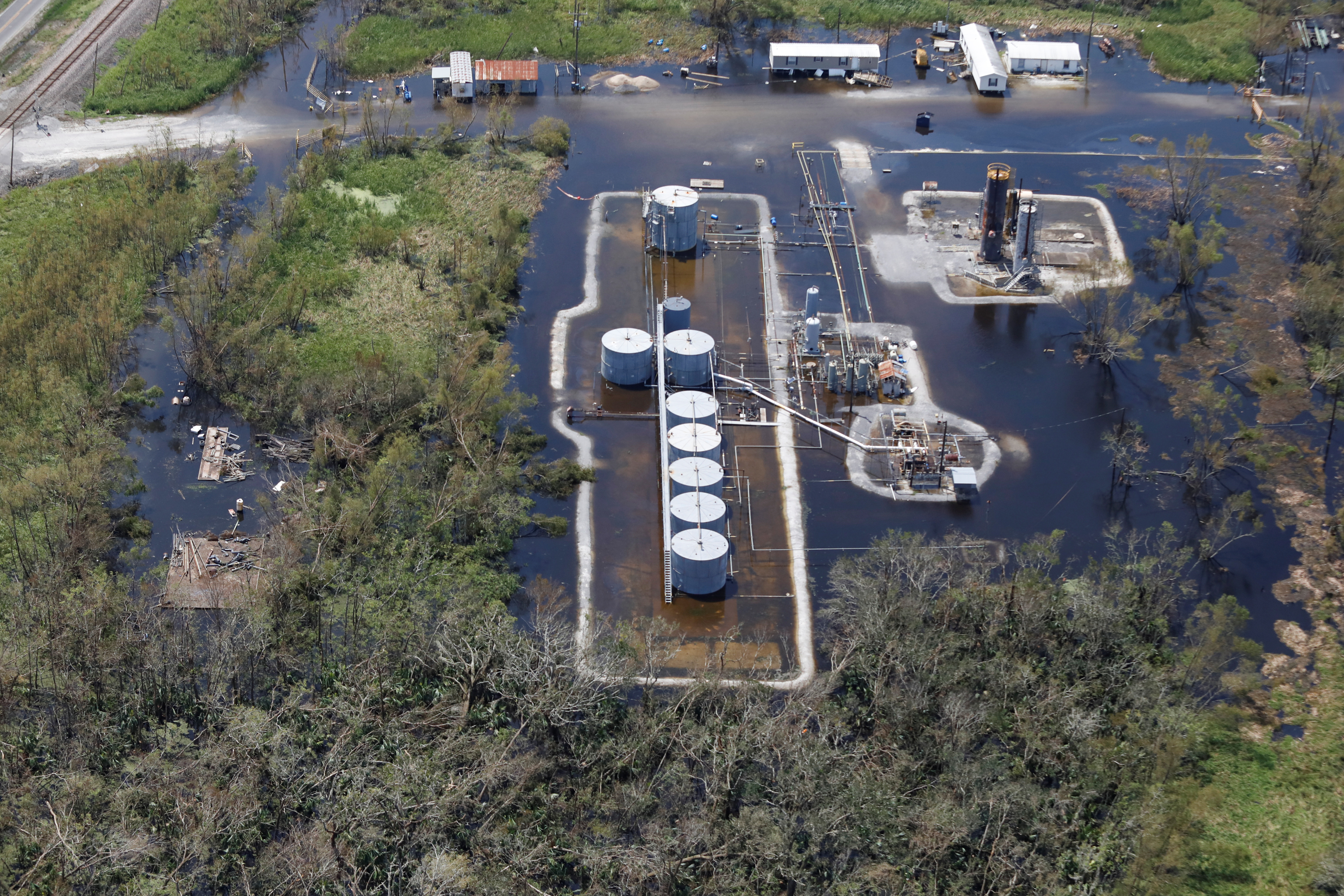 An aerial view shows a flooded facility after Hurricane Ida made landfall in Louisiana, in Paradis, Louisiana, U.S. August 31, 2021. REUTERS/Marco Bello