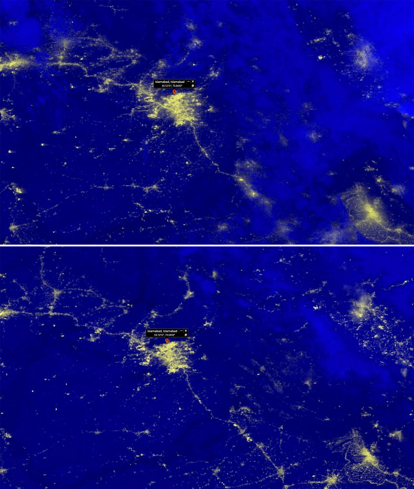 A combo satellite image shows before and after in Islamabad, Pakistan, following a country-wide power breakdown