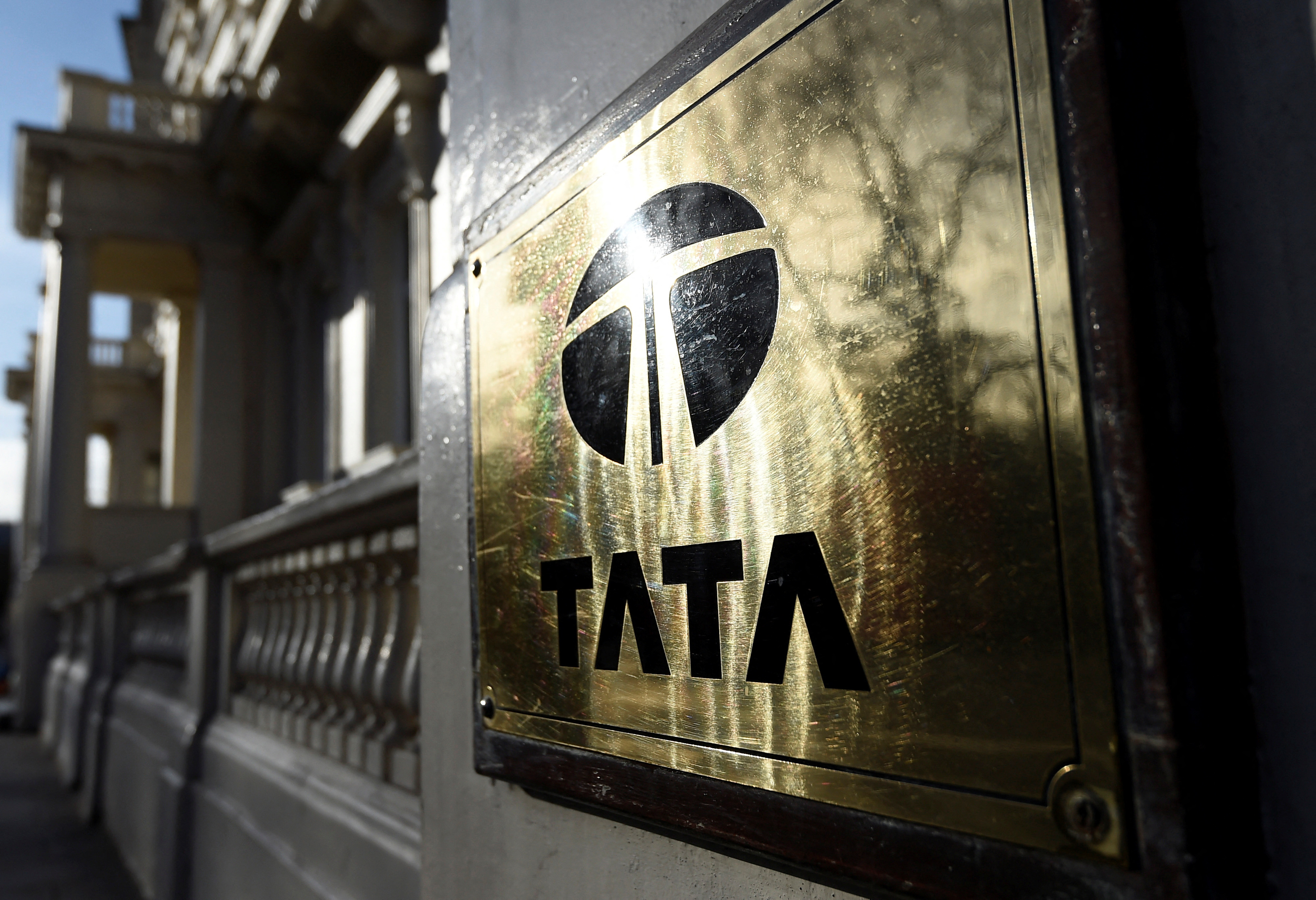 A Tata sign is seen outside their offices in London