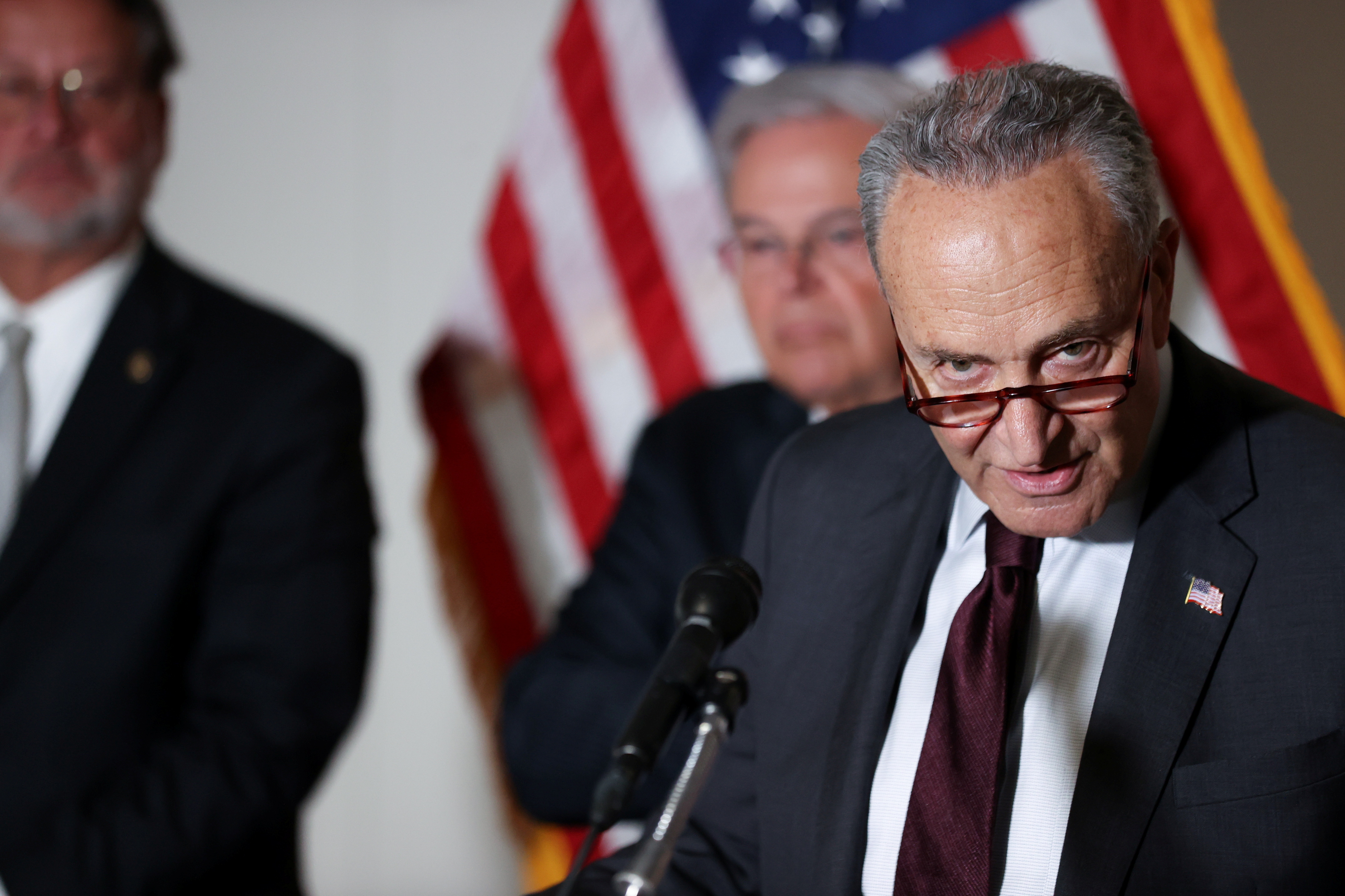 U.S. Senate Majority Leader Schumer speaks to reporters during the weekly news conference following the Democratic caucus policy luncheon on Capitol Hill in Washington