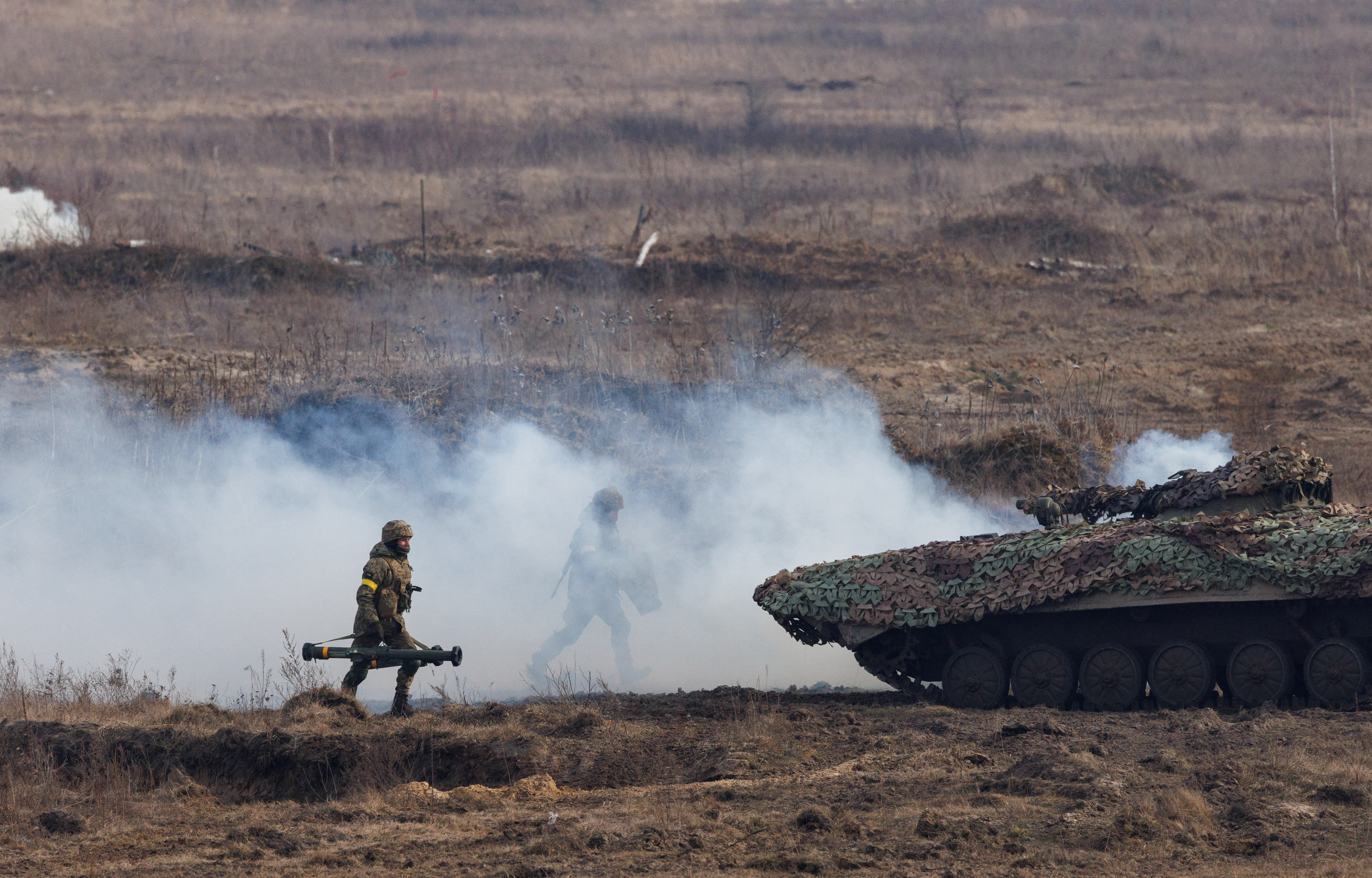 Ukrainian soldiers participate in a military drill