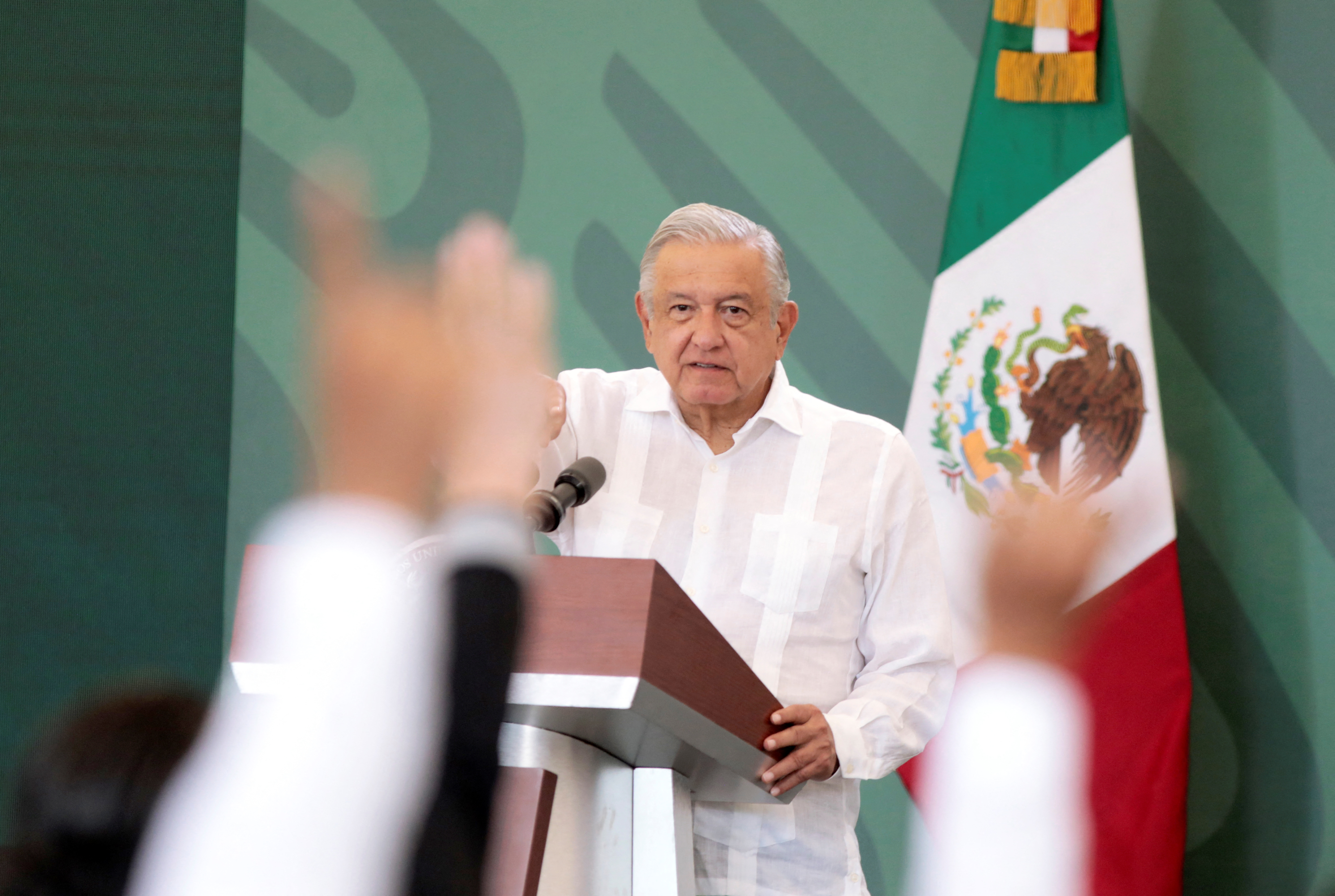 Mexican President Andres Manuel Lopez Obrador holds a news conference in Tapachula