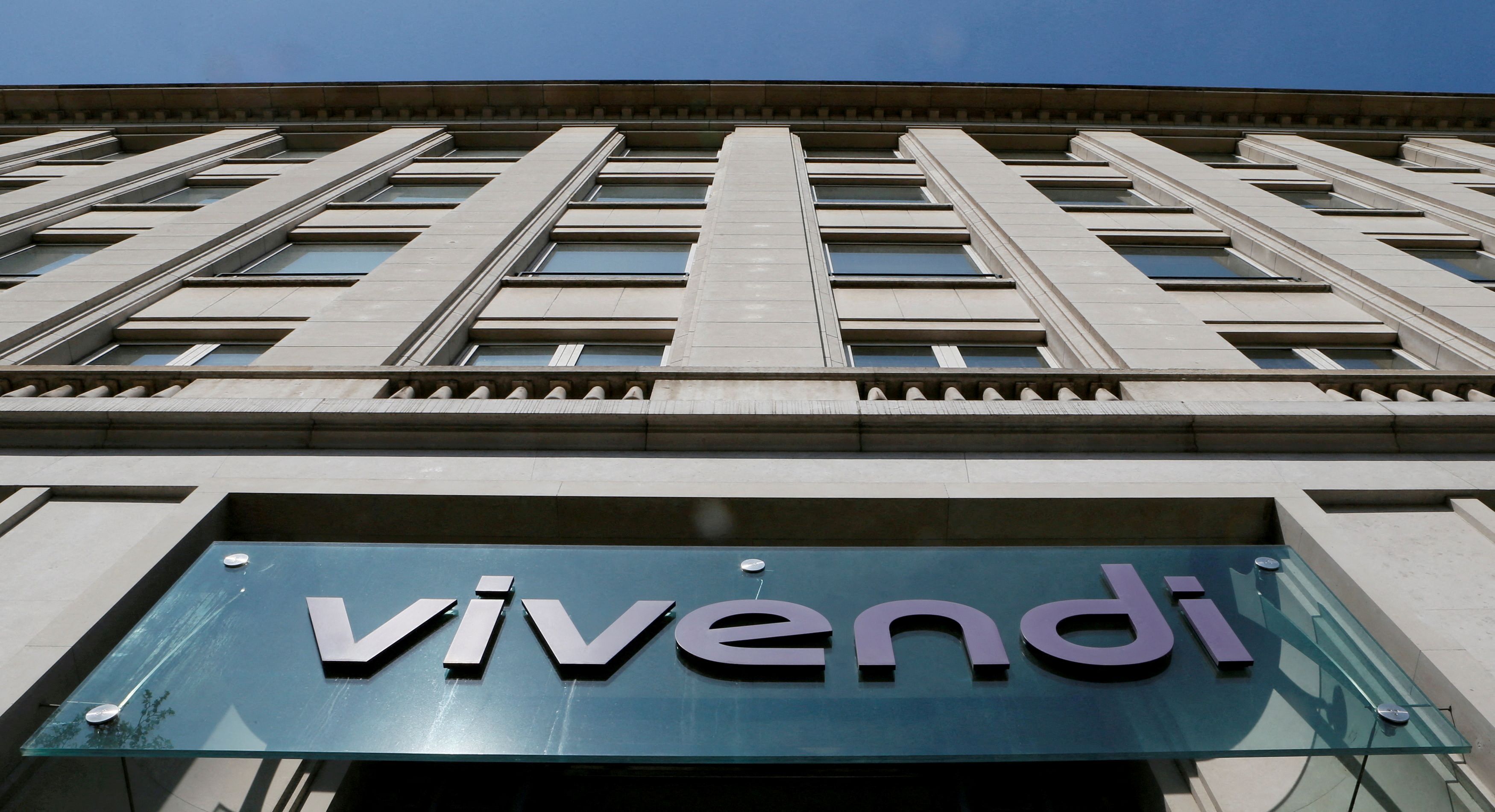 A Vivendi sign at the main entrance of the company's Paris headquarters