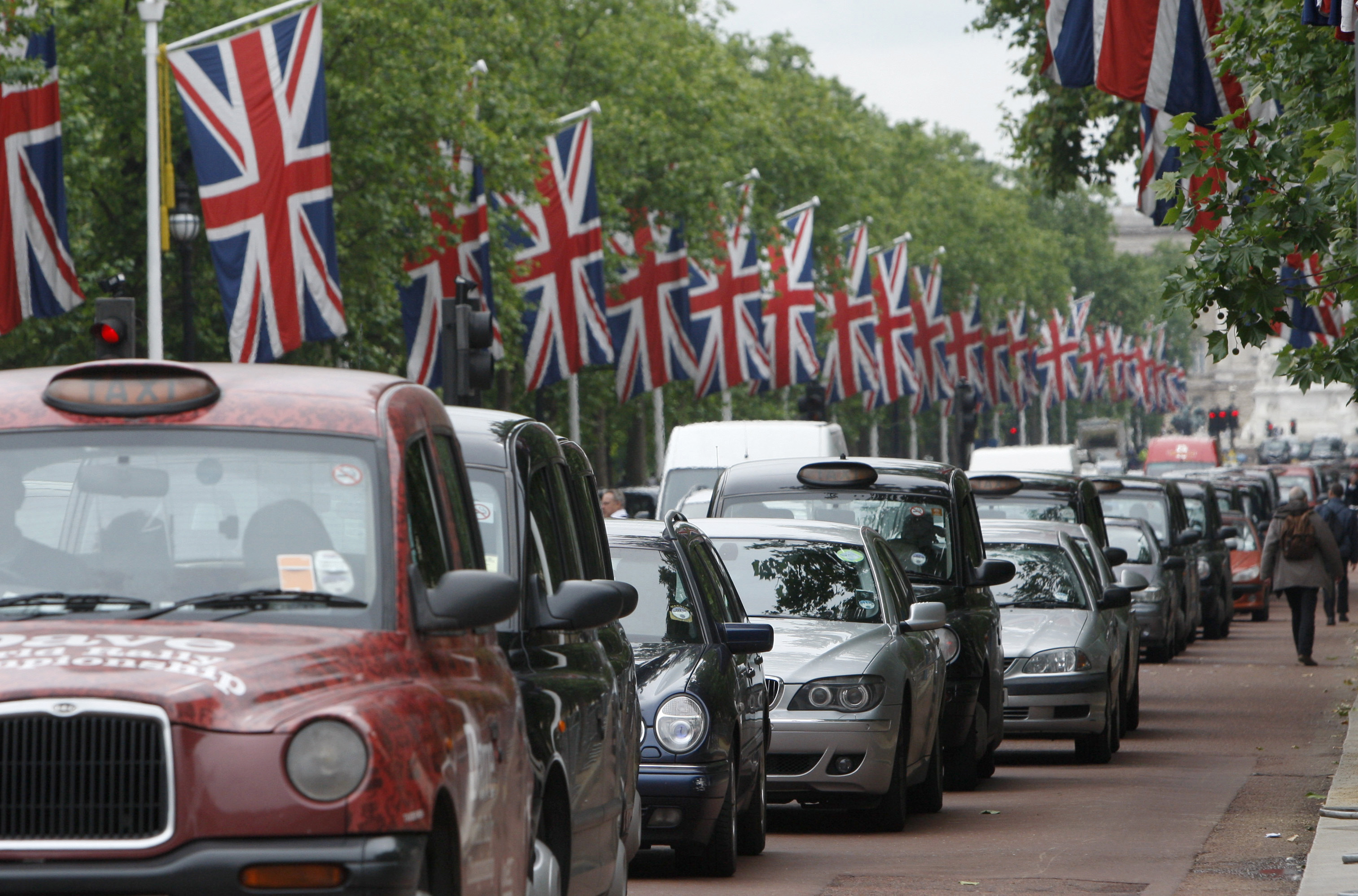 Cars queue up The Mall during traffic choas and tube strikes in London