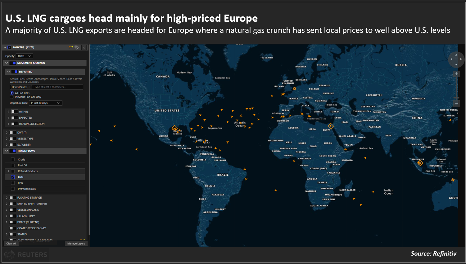 Грузы СПГ из США направляются в основном в дорогую Европу