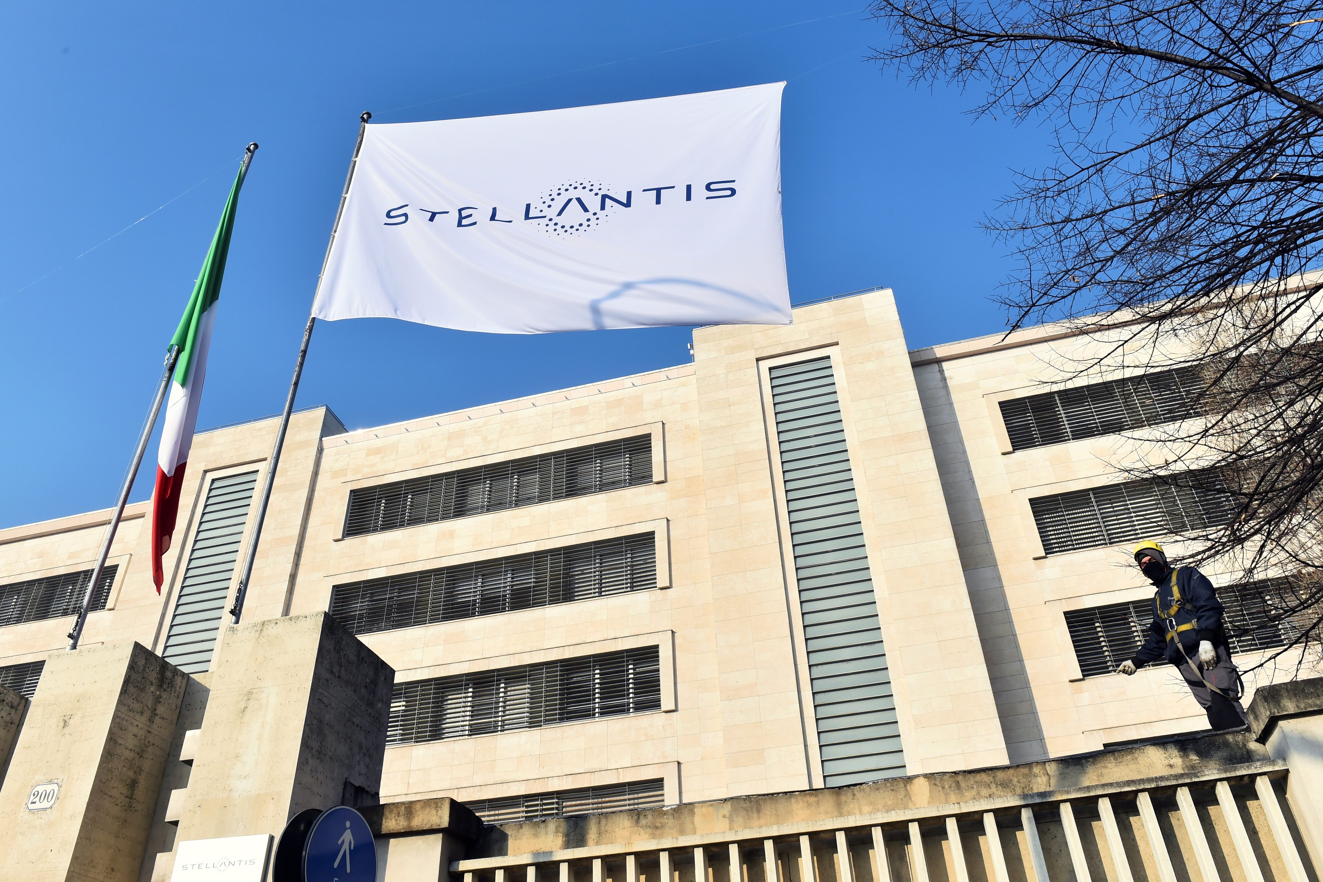 Stellantis logo outside Mirafiori plant in Turin