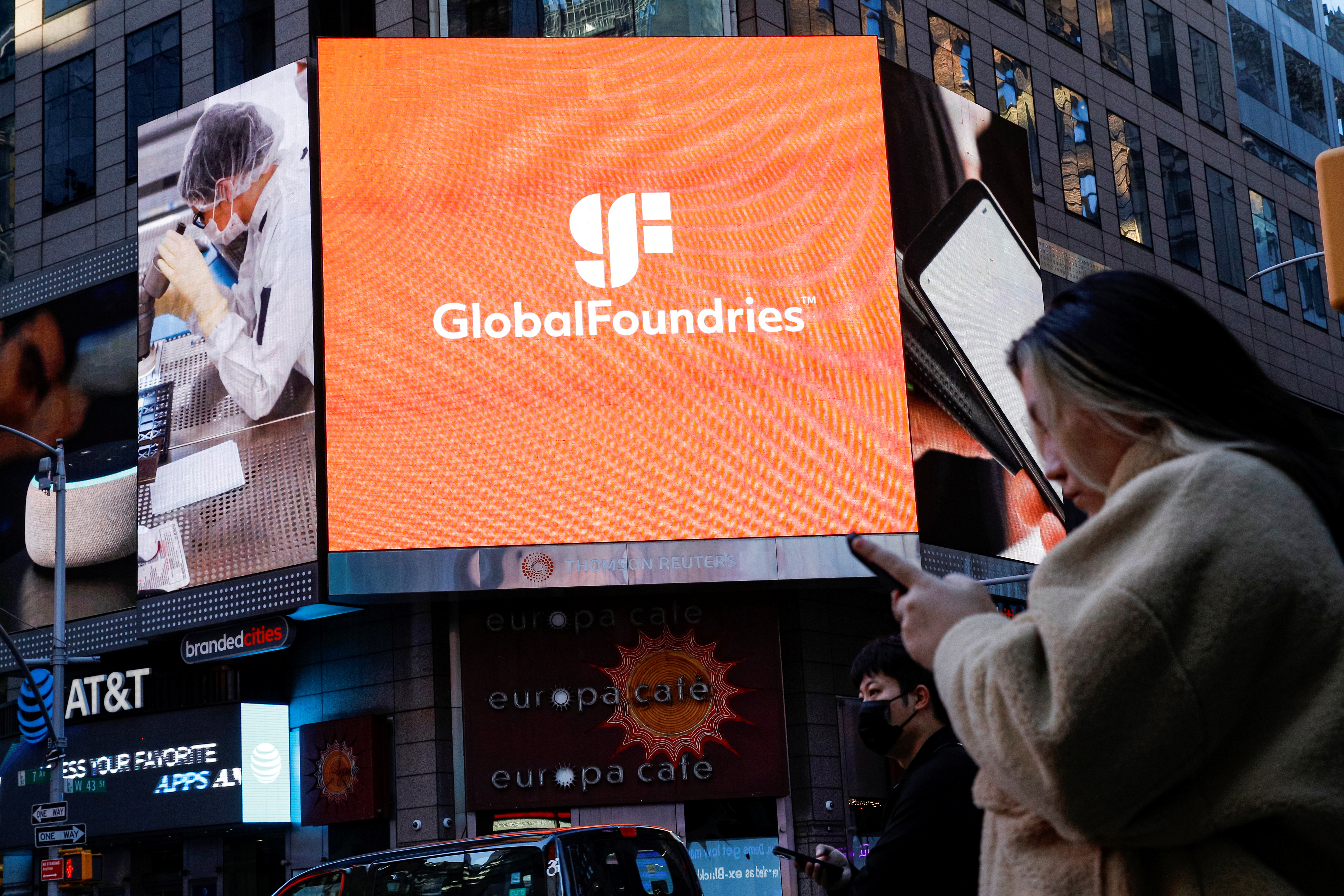 Screen displays the company logo for semiconductor and chip maker, GlobalFoundries Inc. during the company's IPO at the Nasdaq MarketSite in Times Square in New York