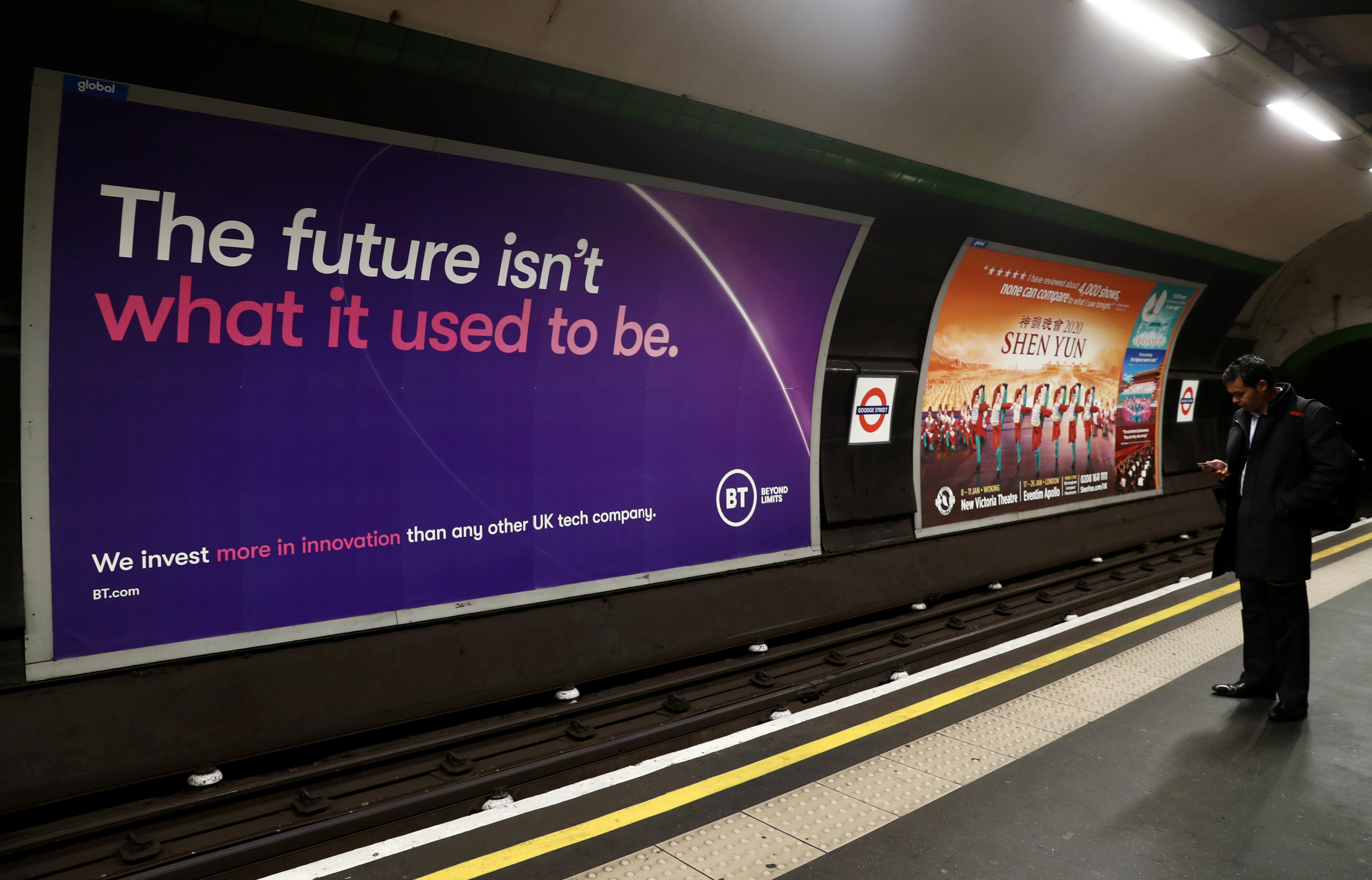 British Telecom (BT) advertisement is displayed at Goodge Street underground station in London