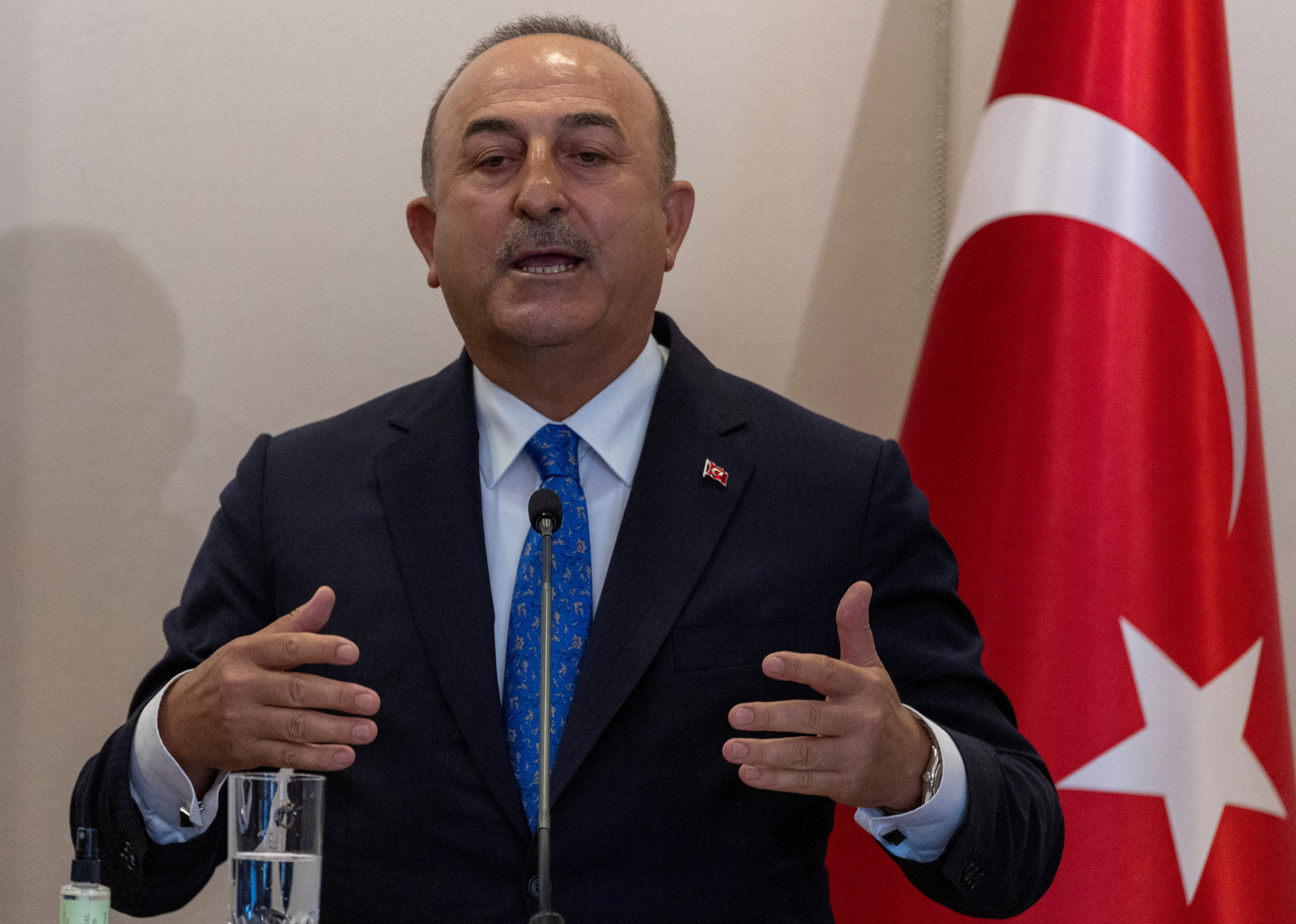 Turkish Foreign Minister Mevlut Cavusoglu and German Foreign Minister Annalena Baerbock attend a news conference in Istanbul