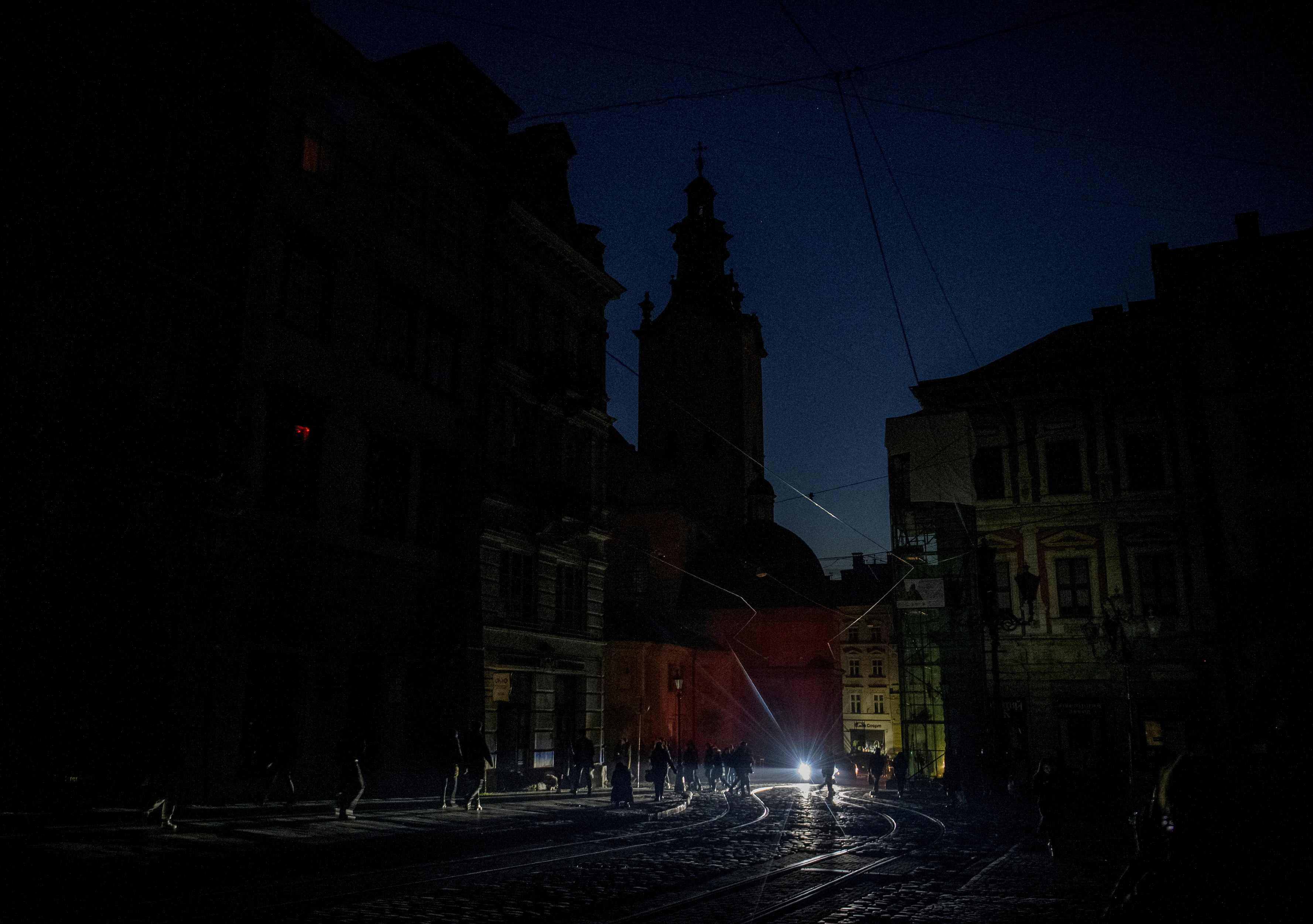 A view shows the city centre without electricity after critical civil infrastructure was hit by a Russian missile attacks in Ukraine in Lviv