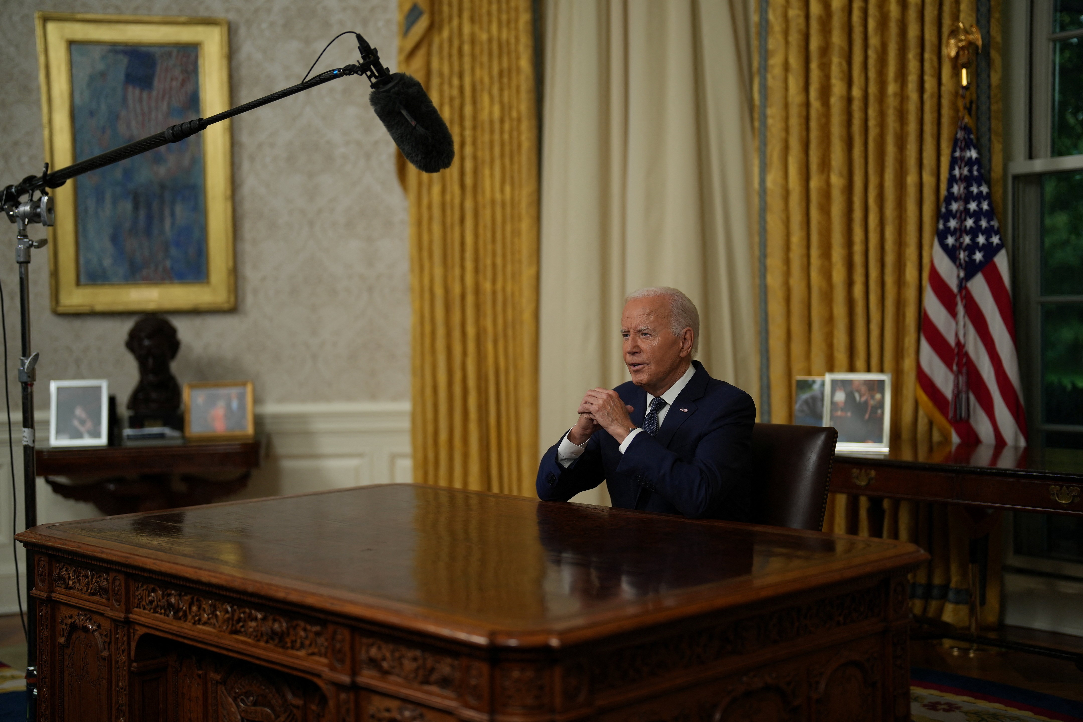 U.S. President Joe Biden addresses the nation from the Oval Office in the White House, in Washington