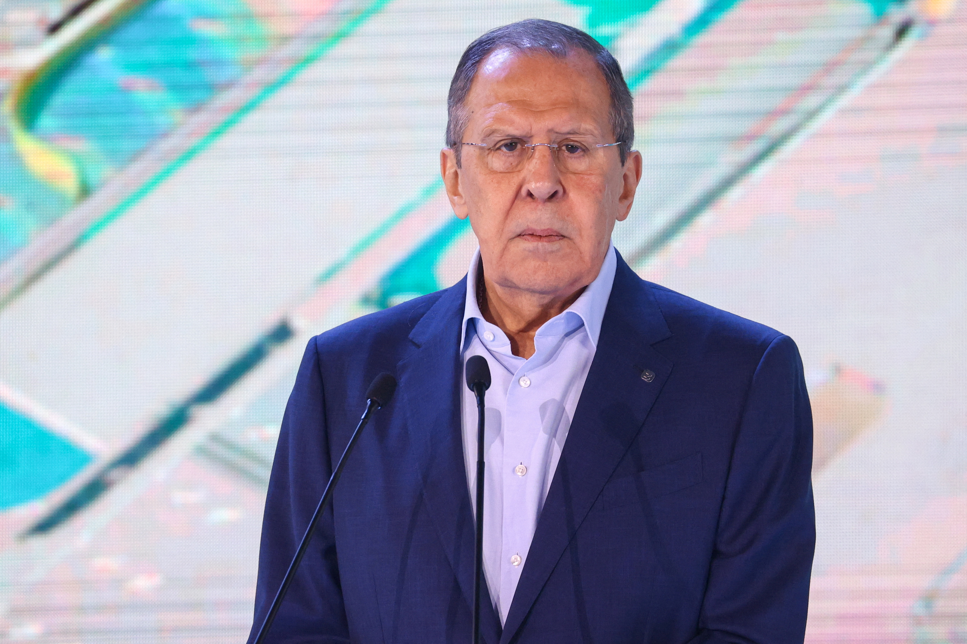 Russian Foreign Minister Sergei Lavrov delivers a speech at a Russian society Znanie (Knowledge) event in Moscow