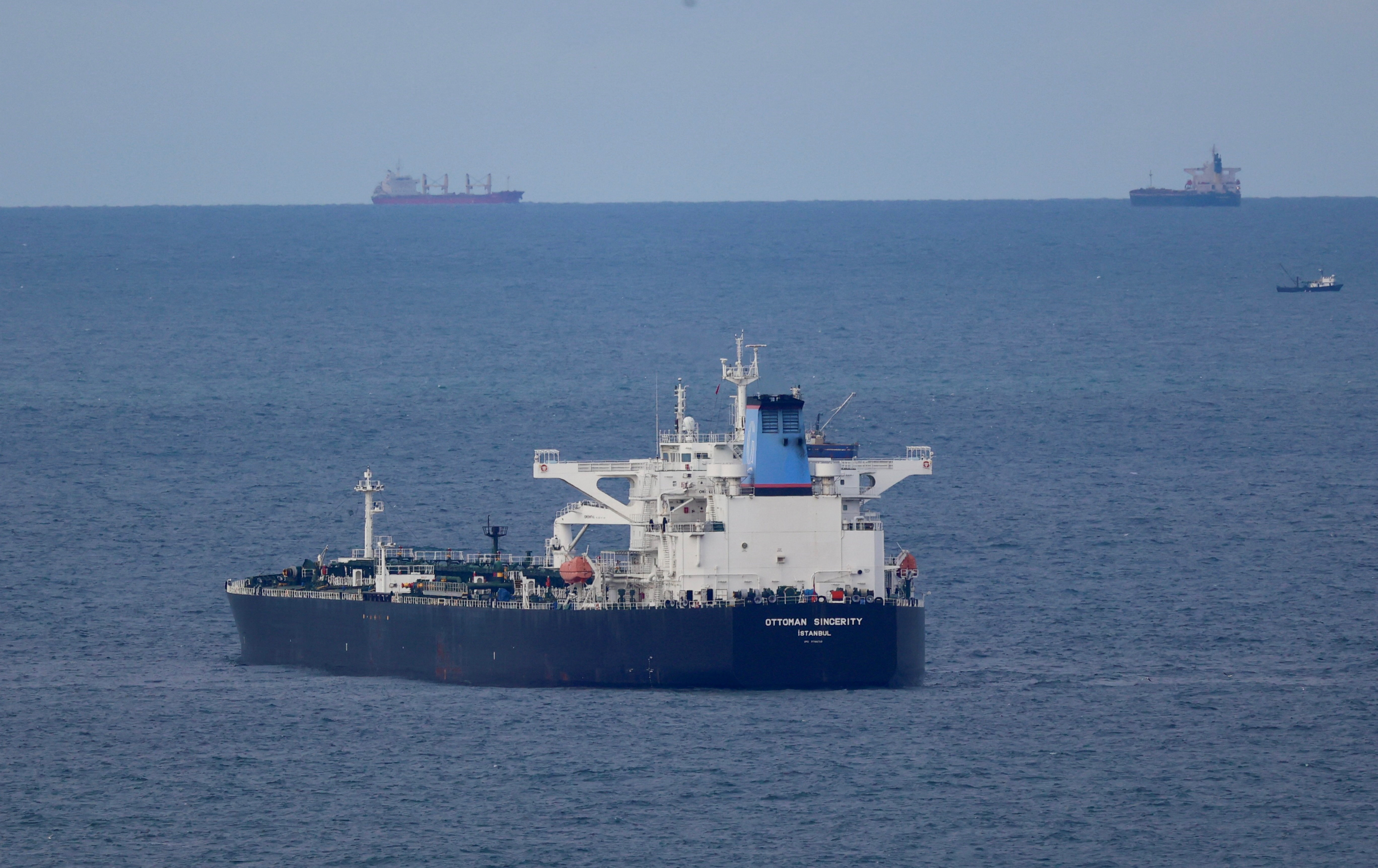 Crude oil tanker Ottoman Sincerity is pictured in the northern anchorage as she waits for to cross Istanbul's Bosphorus