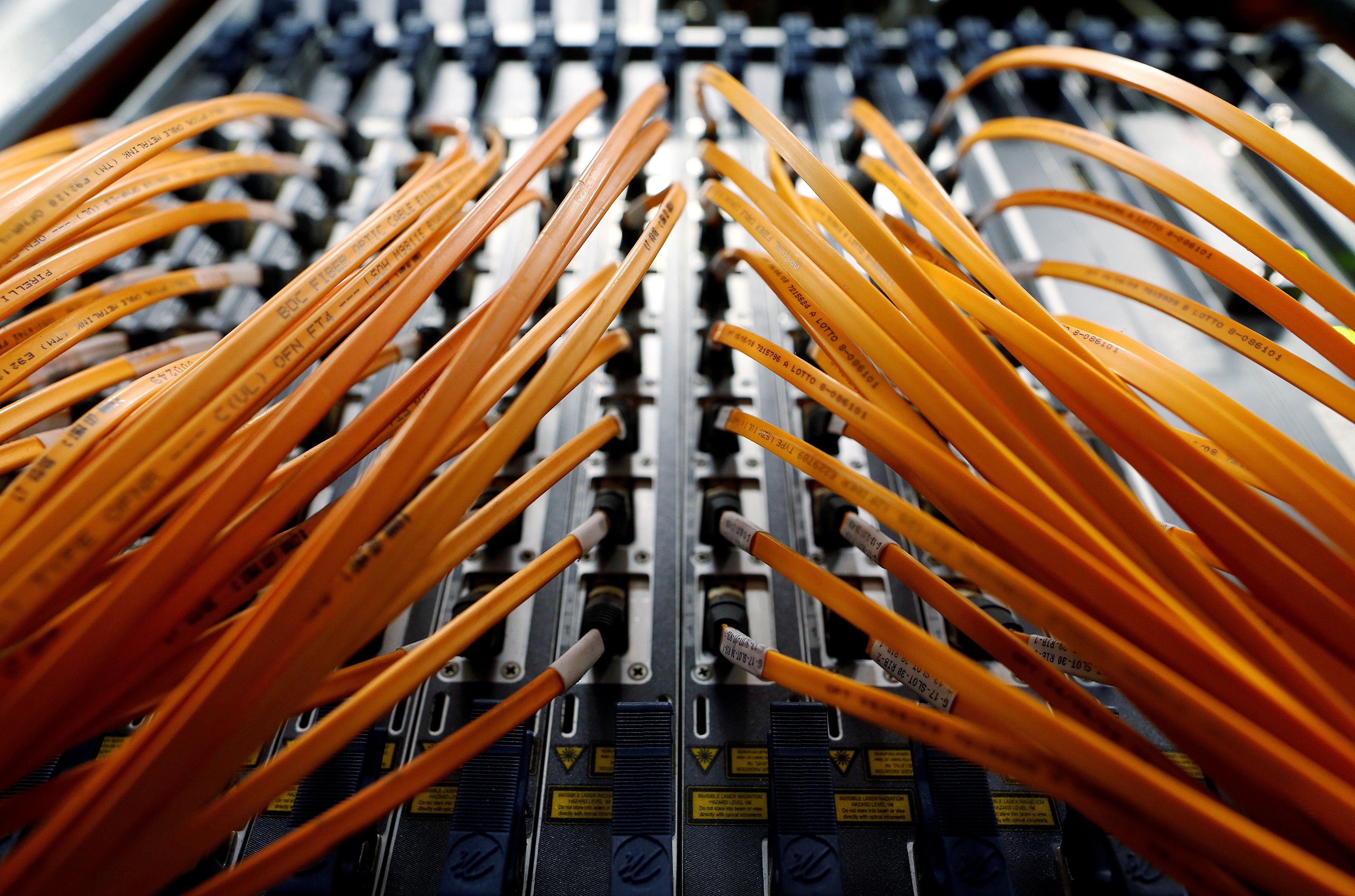 Optical fibre cables are seen in a telephone exchange in Rome