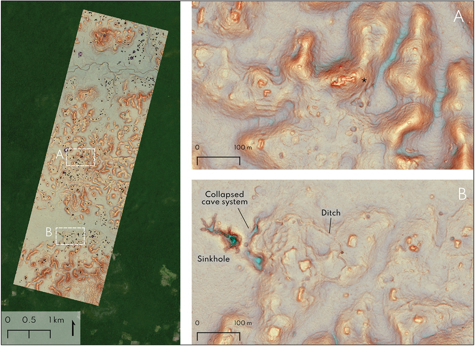 A composite of Lidar images shows what archeologists in Mexico say is a newly discovered lost Mayan city, which they named Valeriana, hidden deep in the southern jungle of Campeche