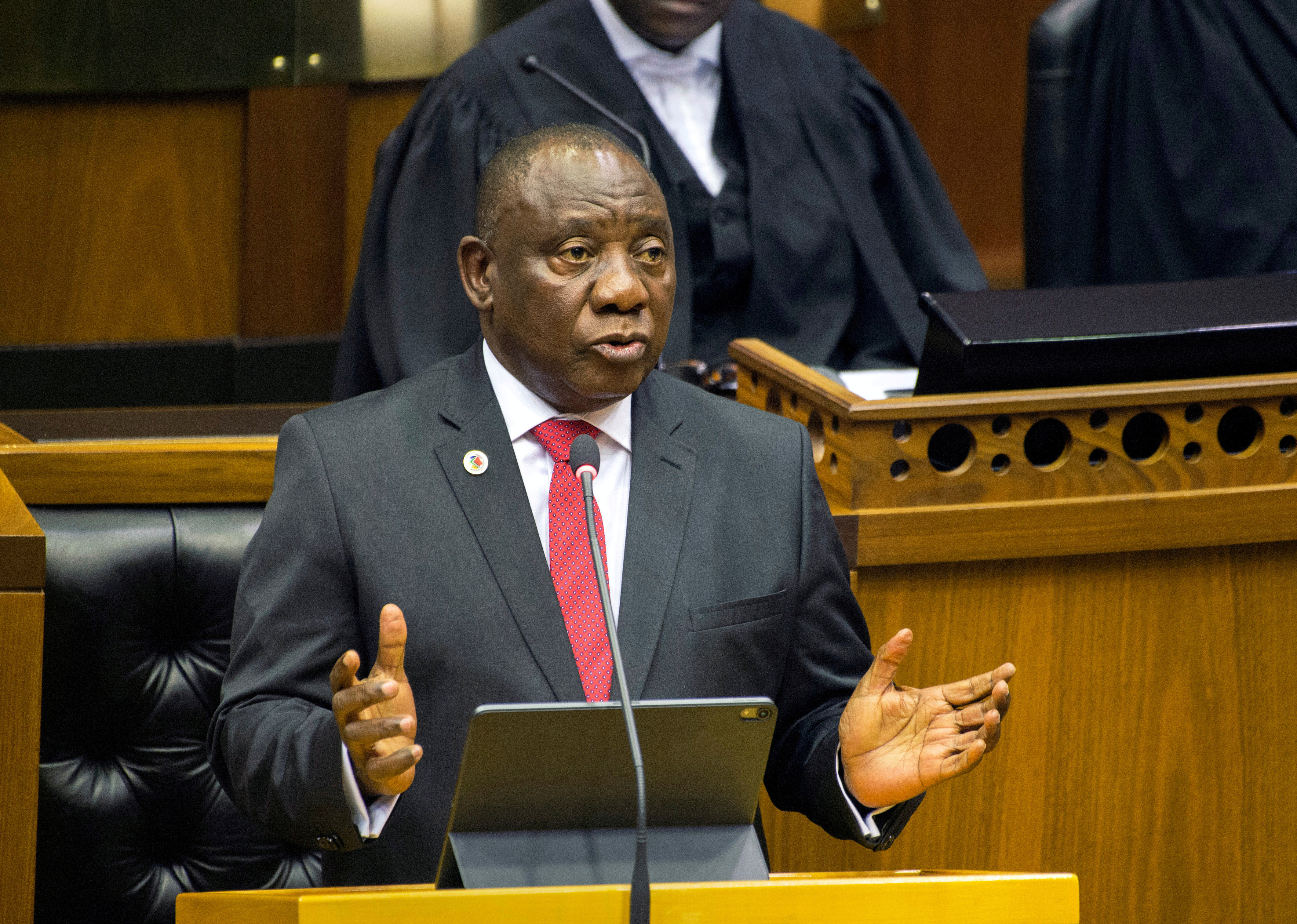 South African President Cyril Ramaphosa delivers his State of the Nation Address at parliament in Cape Town
