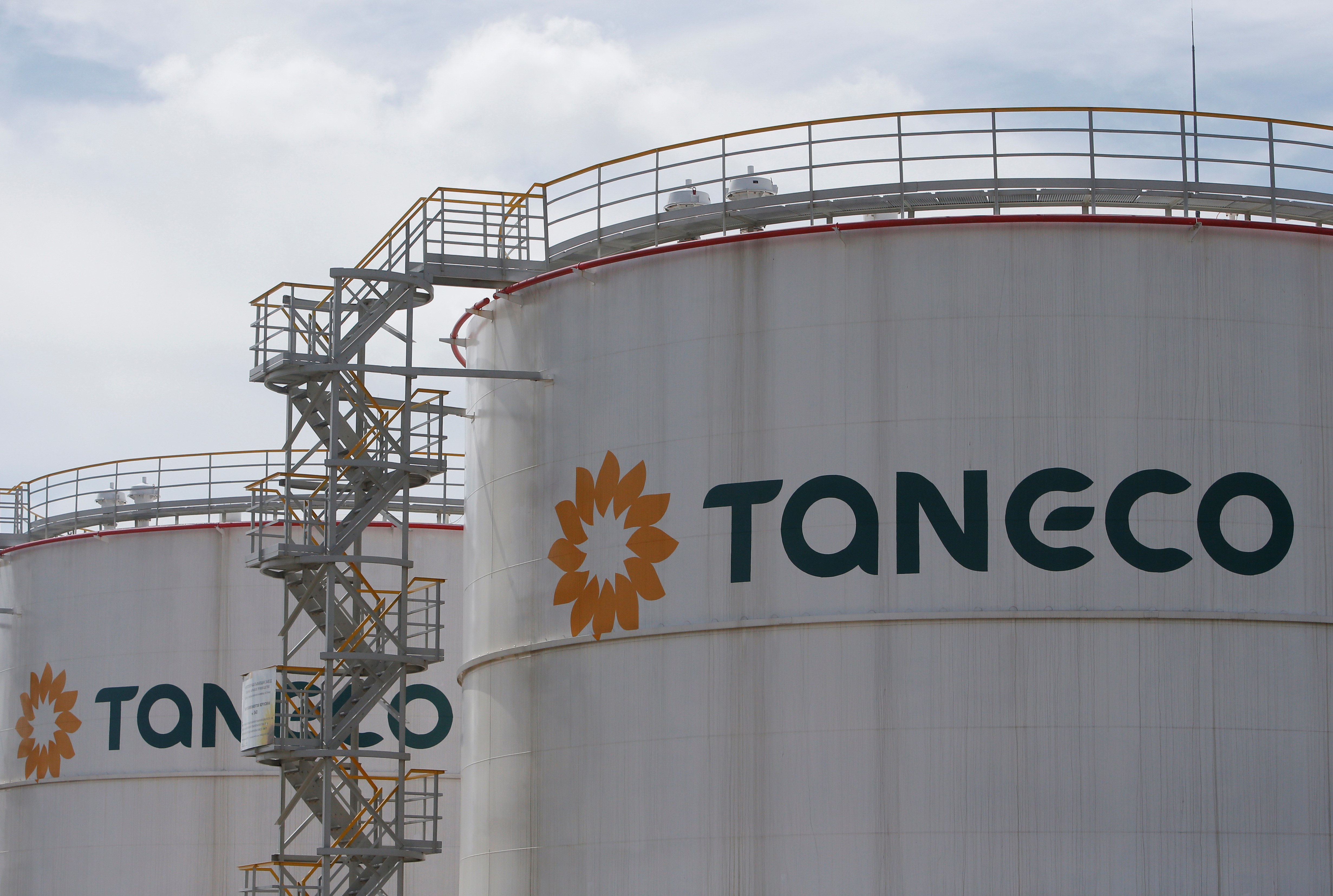 The logo of Taneco are seen on tanks at its refinery complex, which is part of Russia's oil producer Tatneft group of companies, in Nizhnekamskin