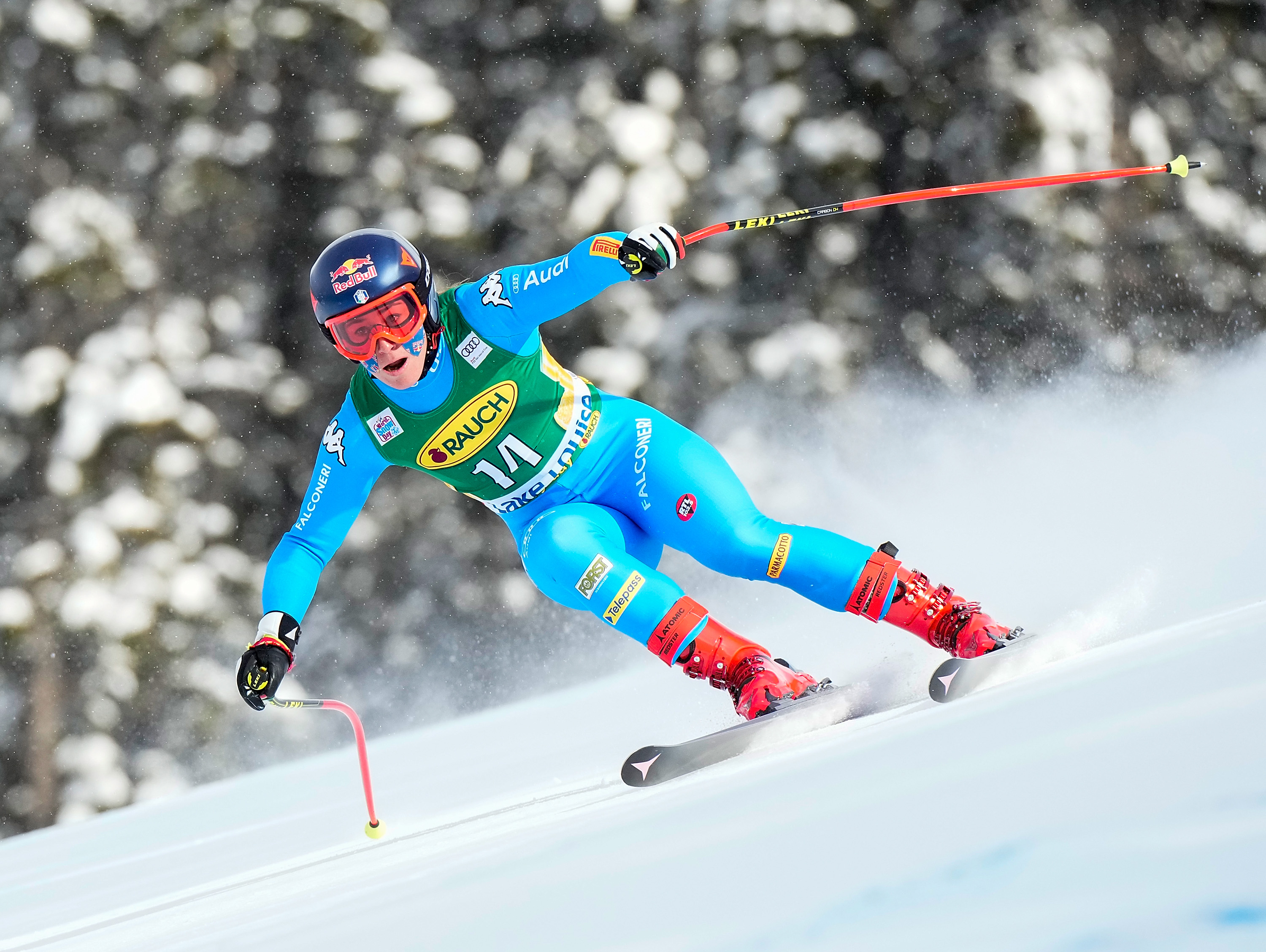 Dec 5, 2021; Lake Louise, Alberta, CAN; Sofia Goggia of Italy competes during women's Super G race at the Lake Louise Audi FIS alpine skiing World Cup at Lake Louise. Mandatory Credit: Eric Bolte-USA TODAY Sports