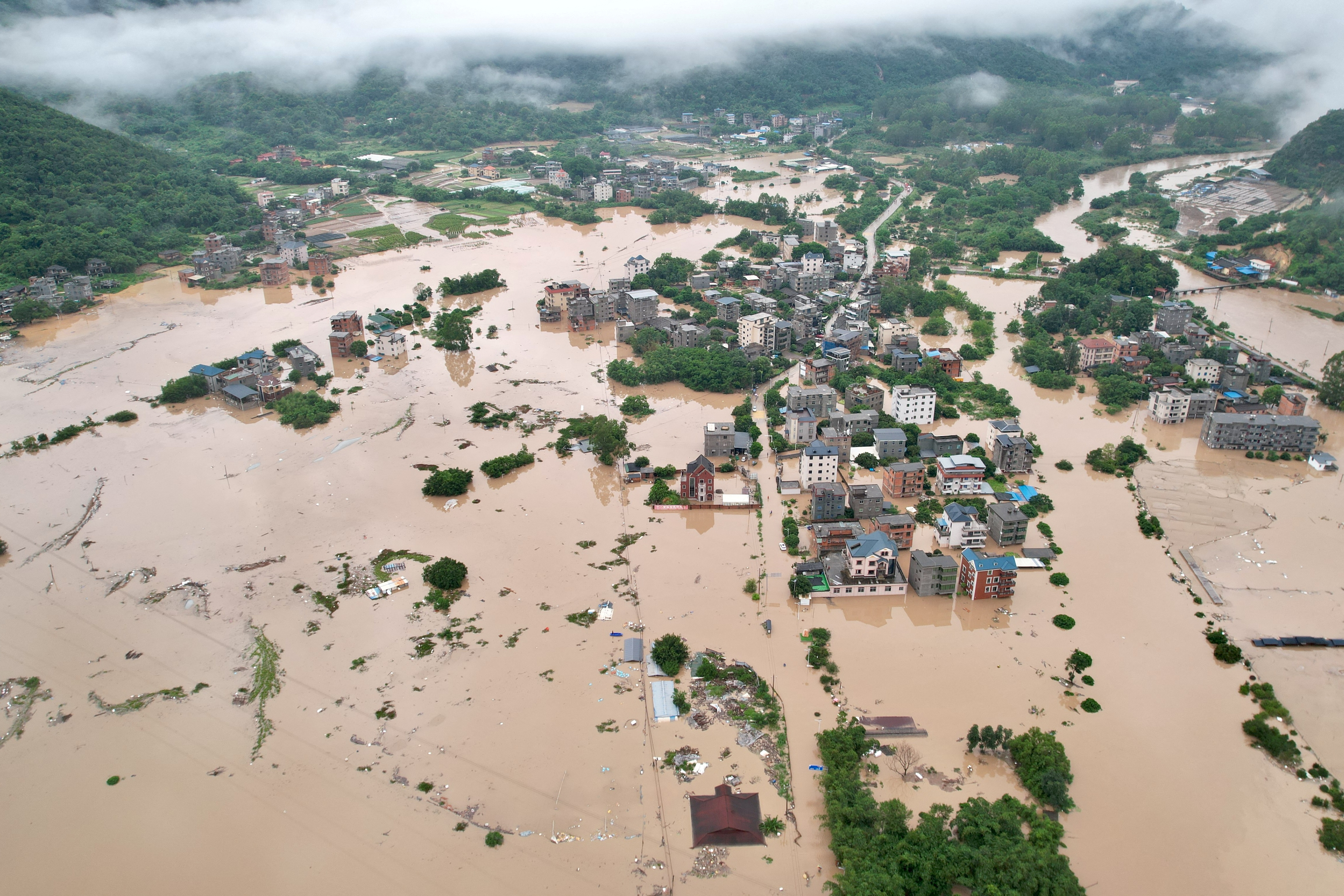 Flooded villages in Minhou county after heavy rains brought by typhoon Haikui
