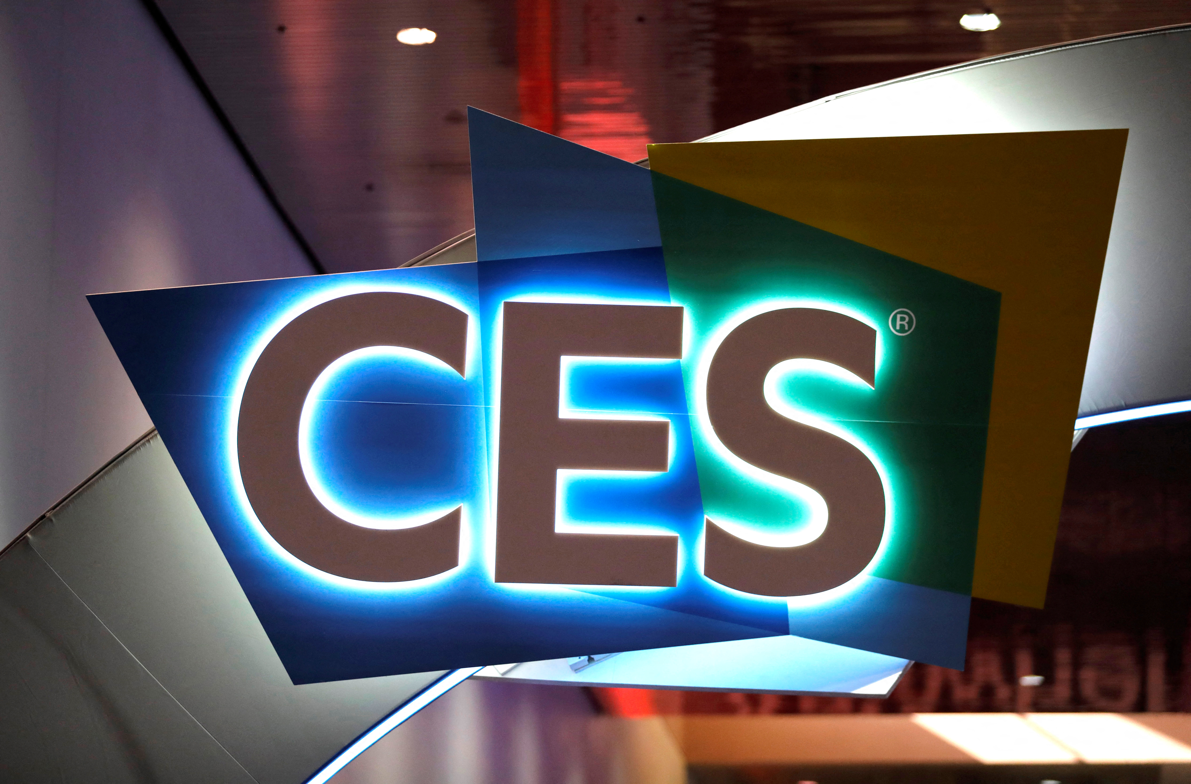 The CES logo is displayed in the lobby of the Las Vegas Convention Center in Las Vegas