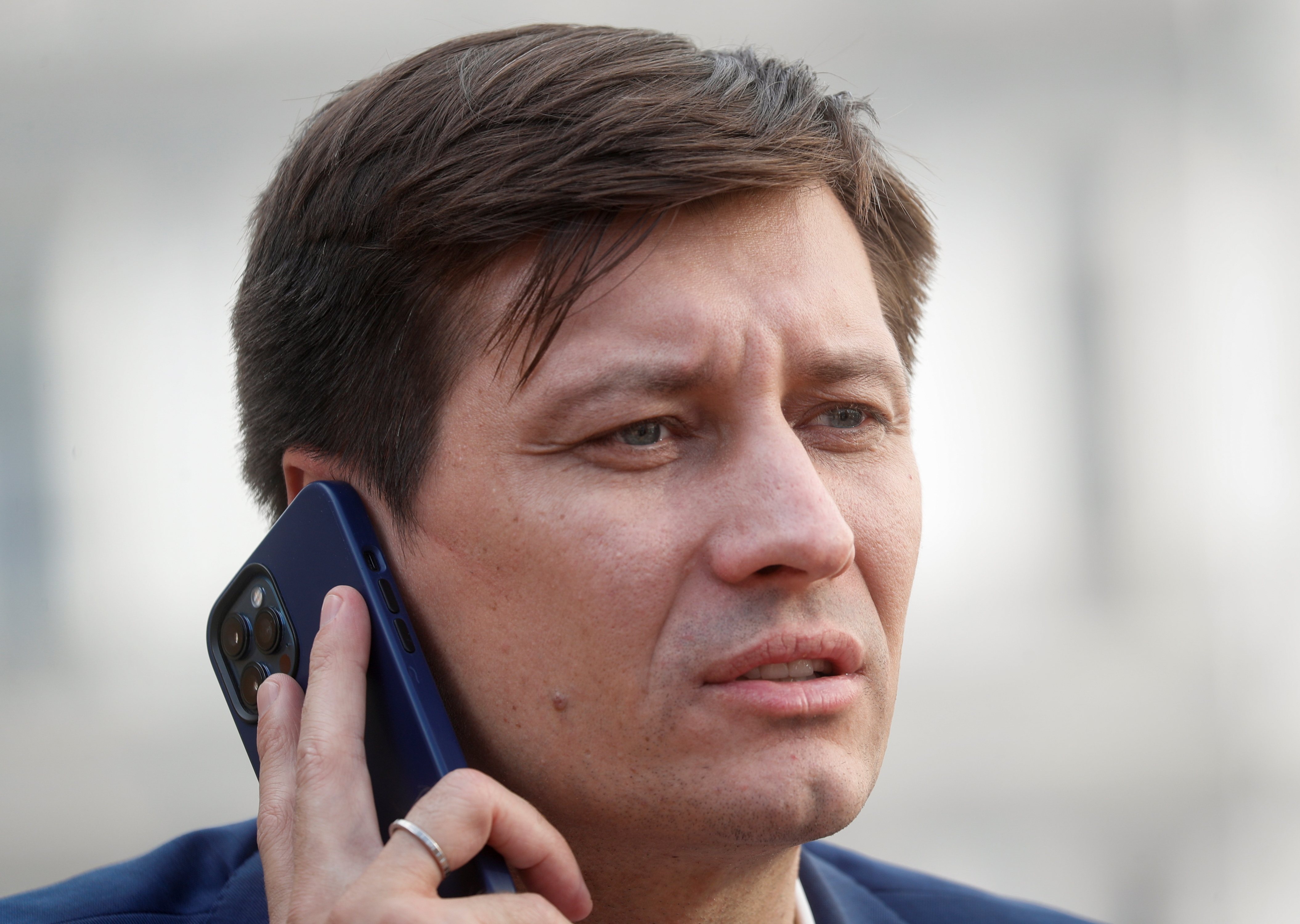 Russian opposition politician Dmitry Gudkov gives an interview in Kyiv