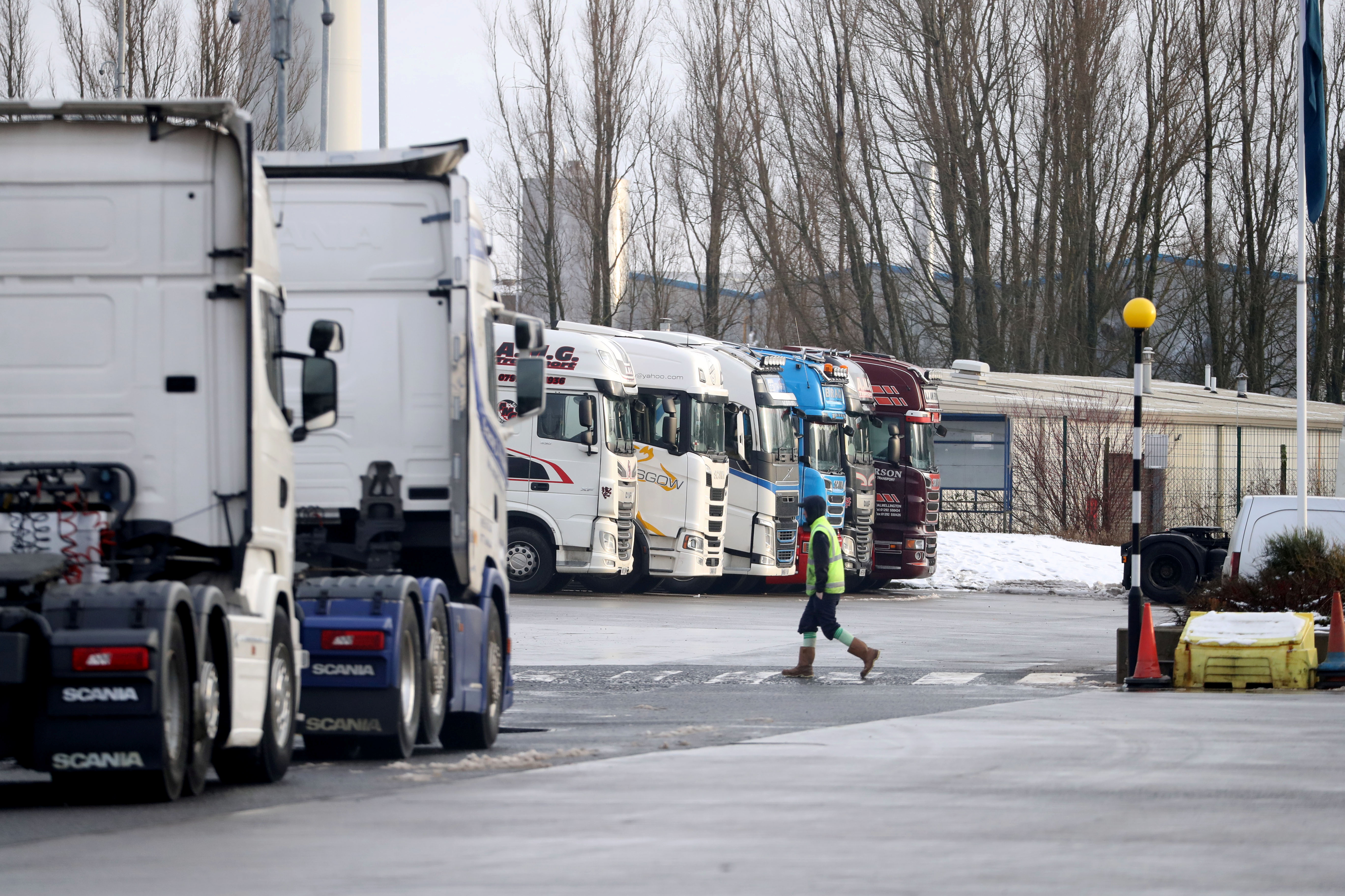 Trucks are parked at the DFDS warehouse facility in Larkhall