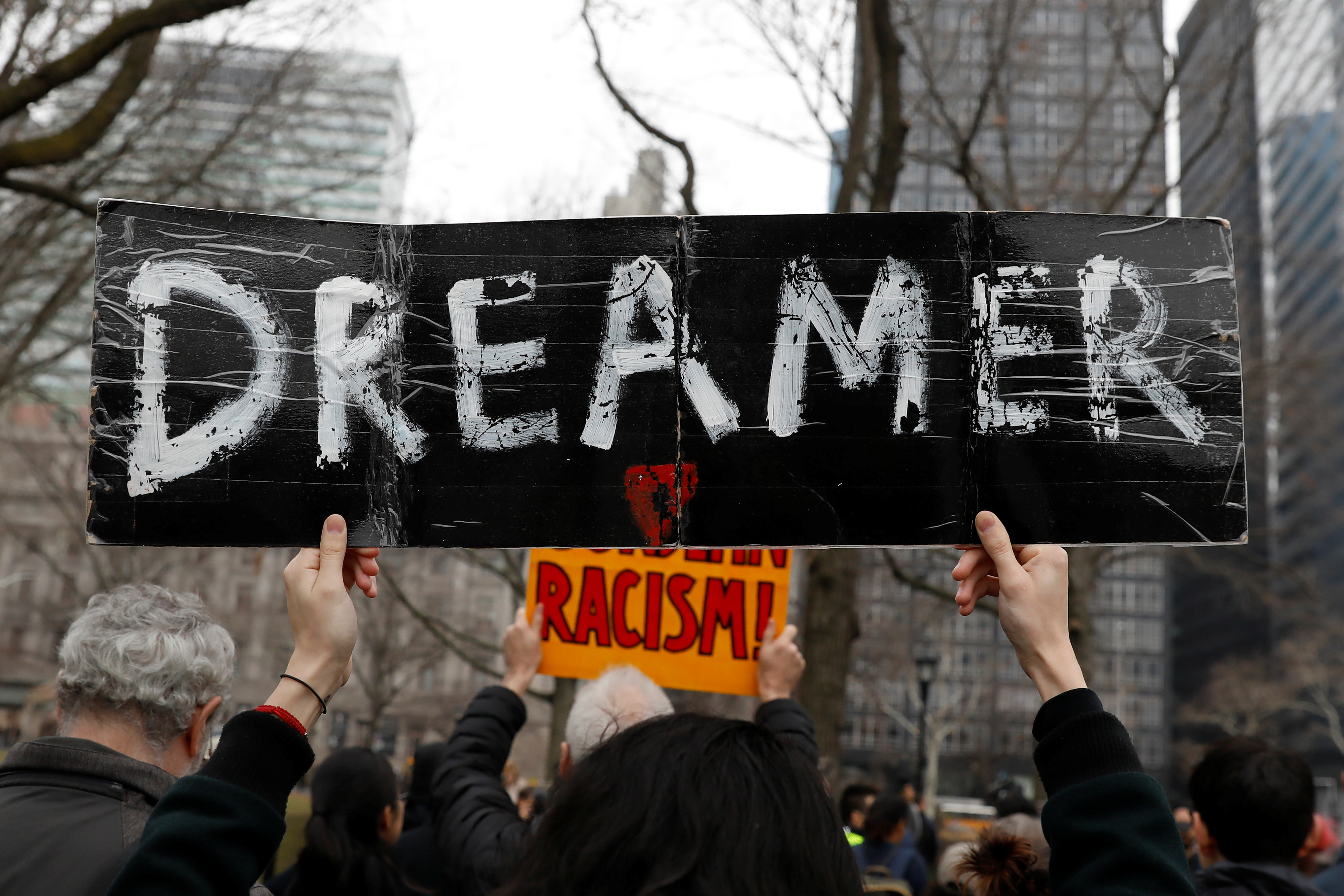 Activists and DACA recipients march up Broadway during the start of their 'Walk to Stay Home,' a five-day 250-mile walk from New York to Washington D.C., to demand that Congress pass a Clean Dream Act, in Manhattan, New York