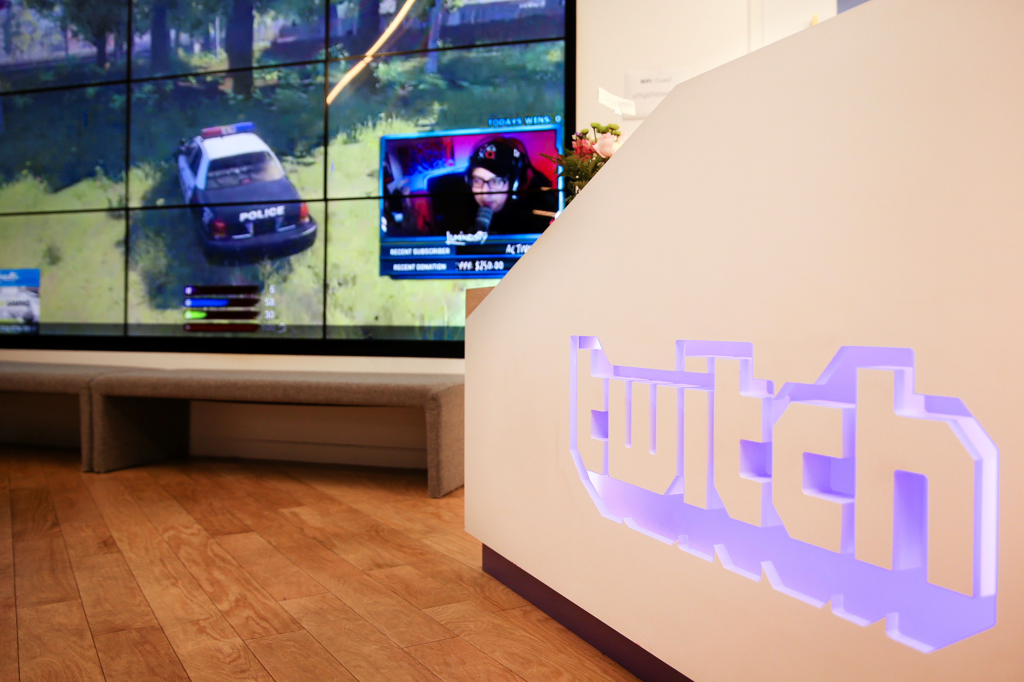 A wall of video monitors with real-time video game play is seen at the offices of Twitch Interactive Inc, a social video platform and gaming community owned by Amazon, in San Francisco