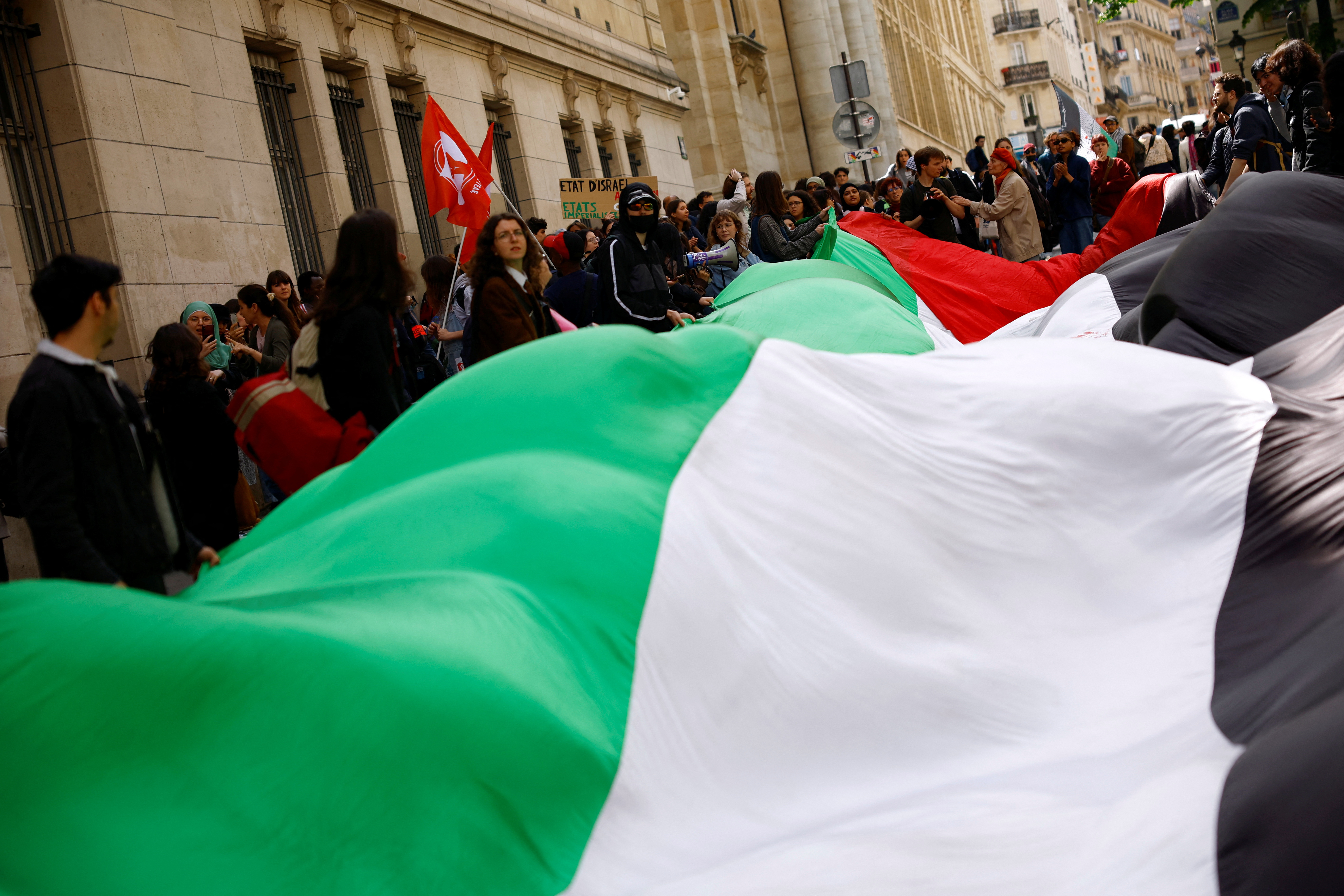 Students of the Sorbonne University gather to protest over Gaza war in Paris