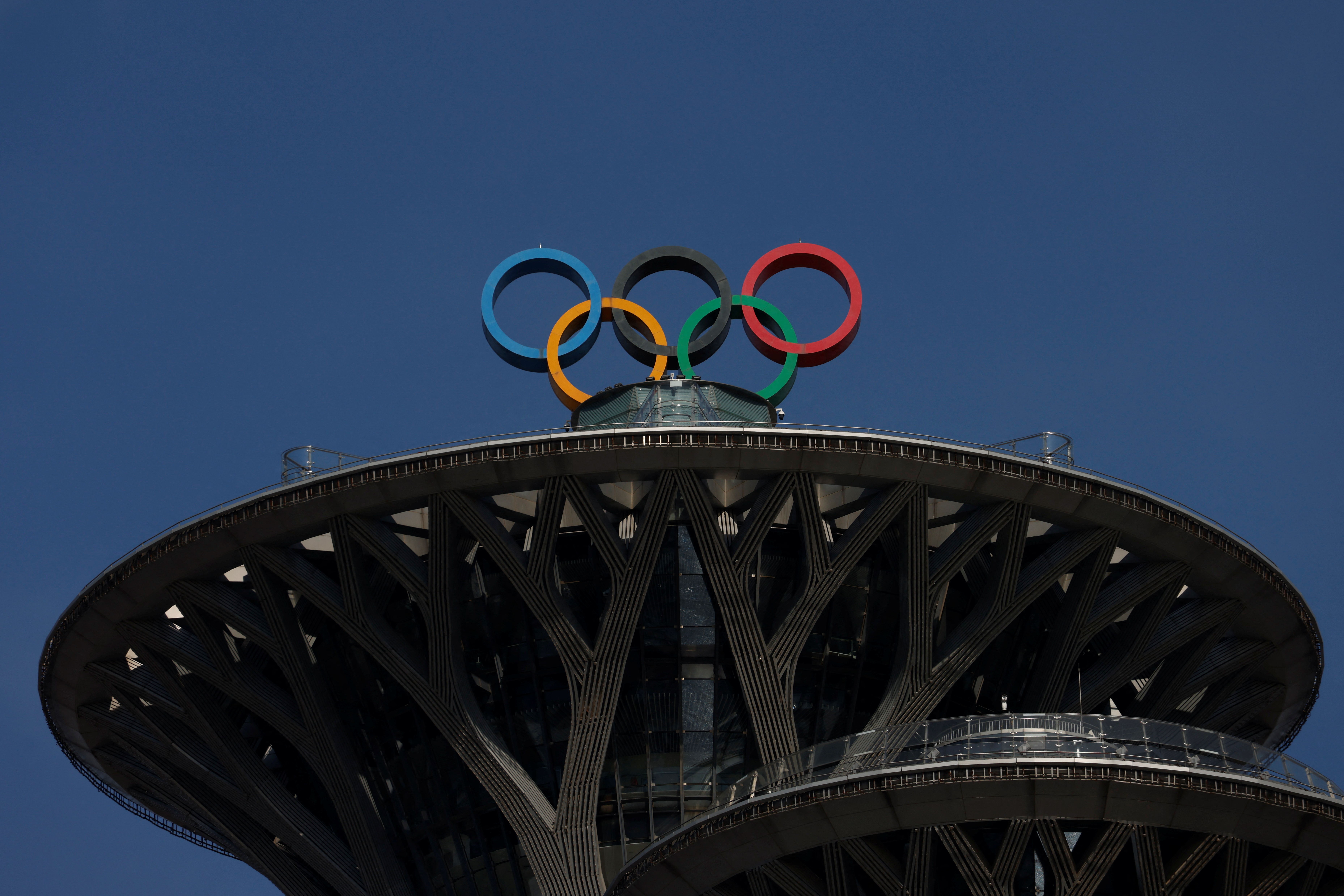 Olympic rings are pictured atop the Olympic Tower during the Beijing 2022 Winter Olympics, in Beijing