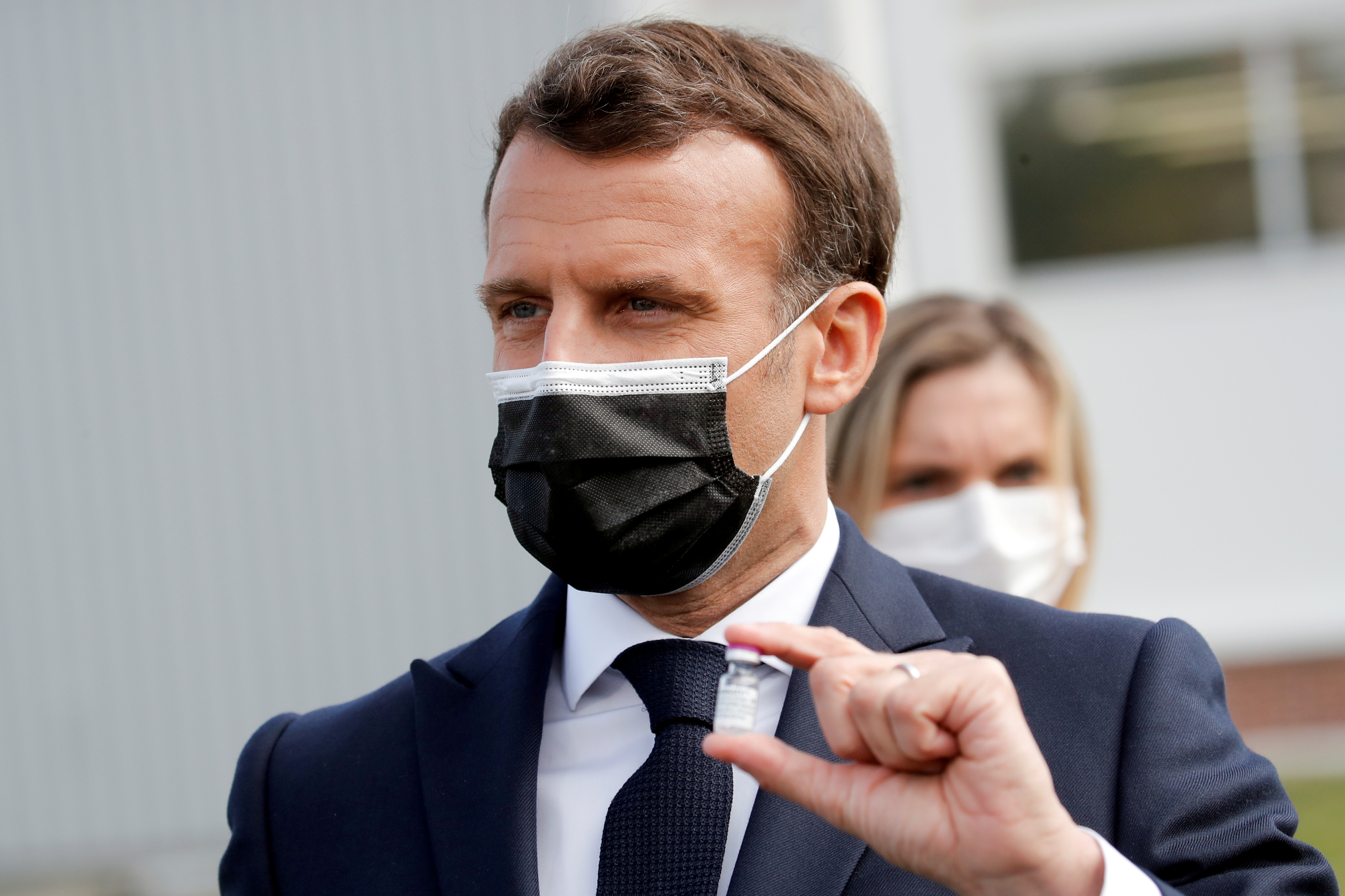 French President Emmanuel Macron visits the Delpharm plant in Saint-Remy-sur-Avre