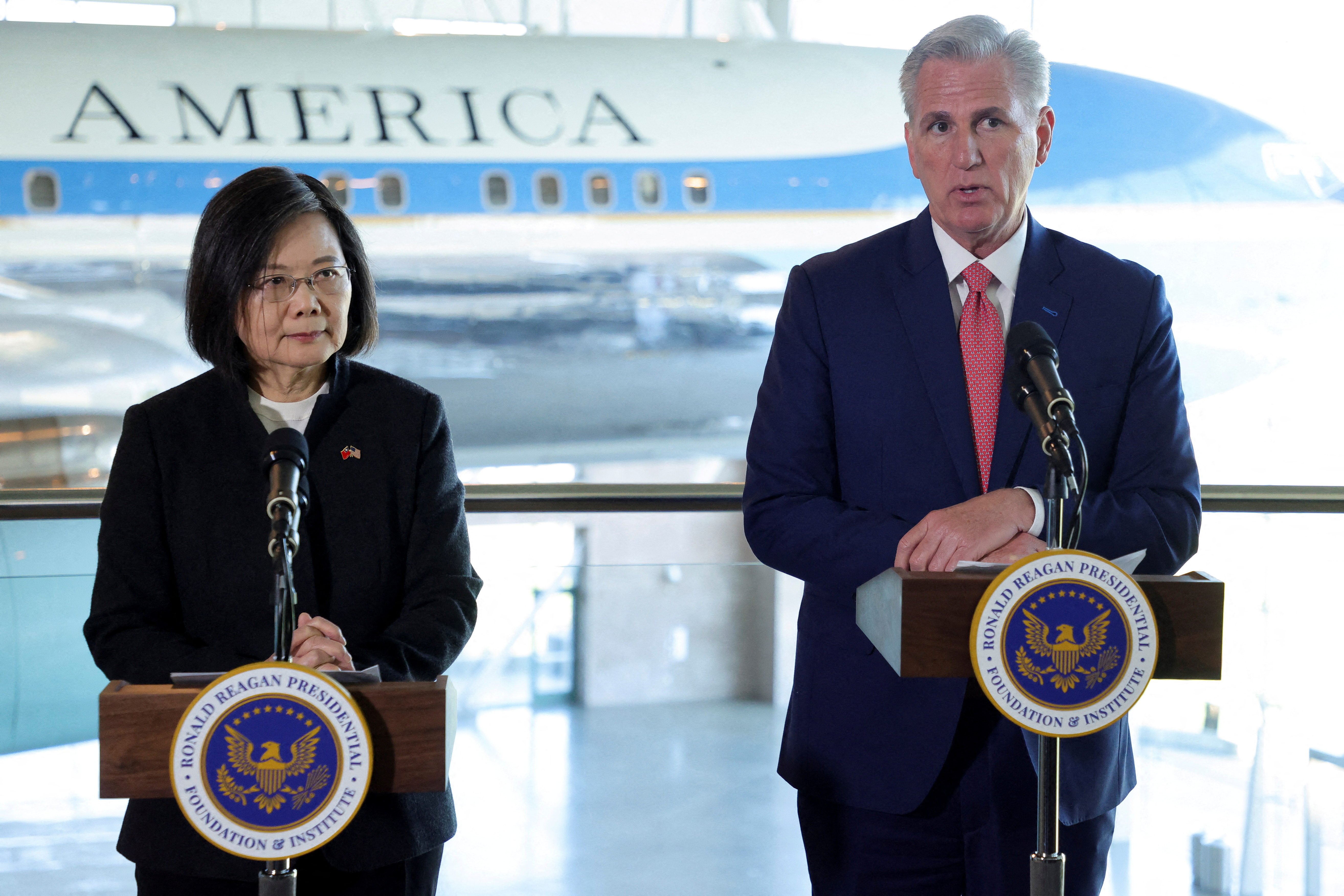 Taiwan's President Tsai Ing-wen meets the U.S. Speaker of the House Kevin McCarthy, in Simi Valley, California