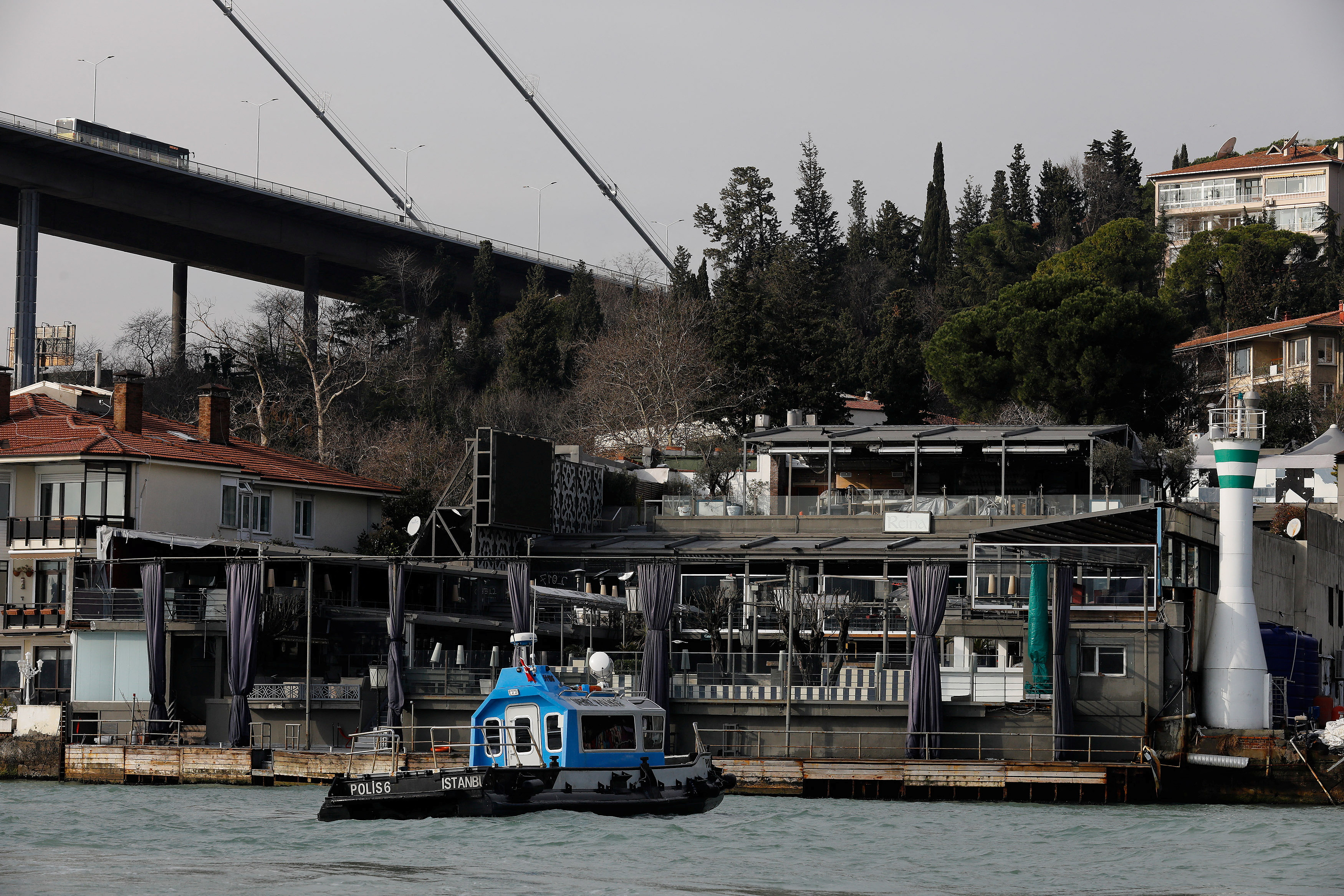 Turkish coast guard boat patrols in front of the Reina nightclub by the Bosphorus, which was attacked by a gunman, in Istanbul,